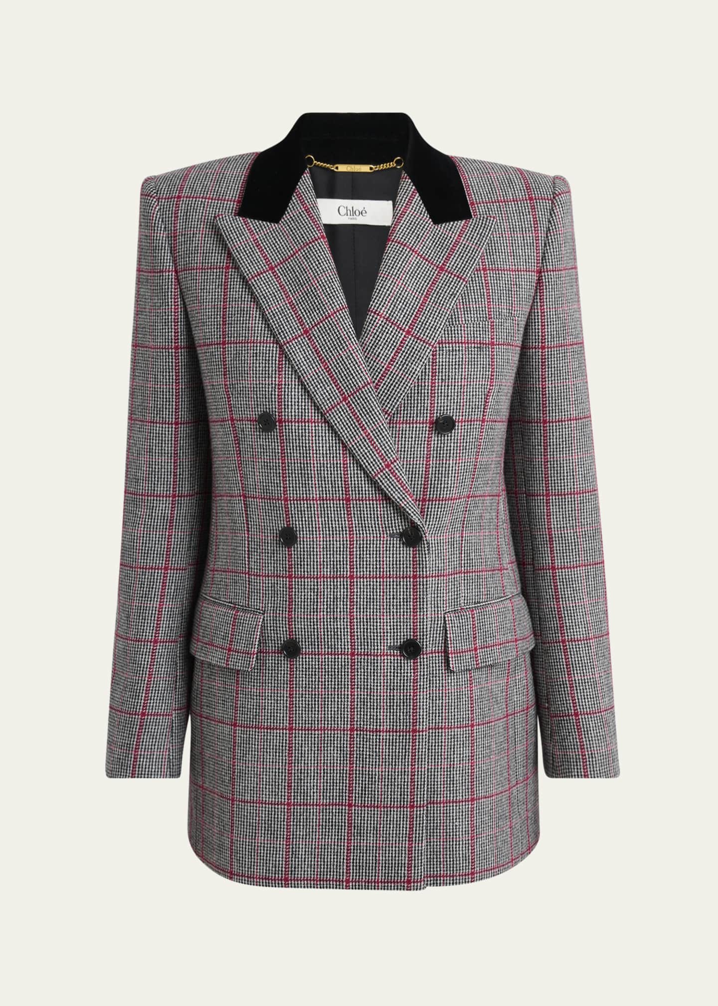 Chloe Check Wool Velvet-Trim Double-Breasted Jacket Image 1 of 5