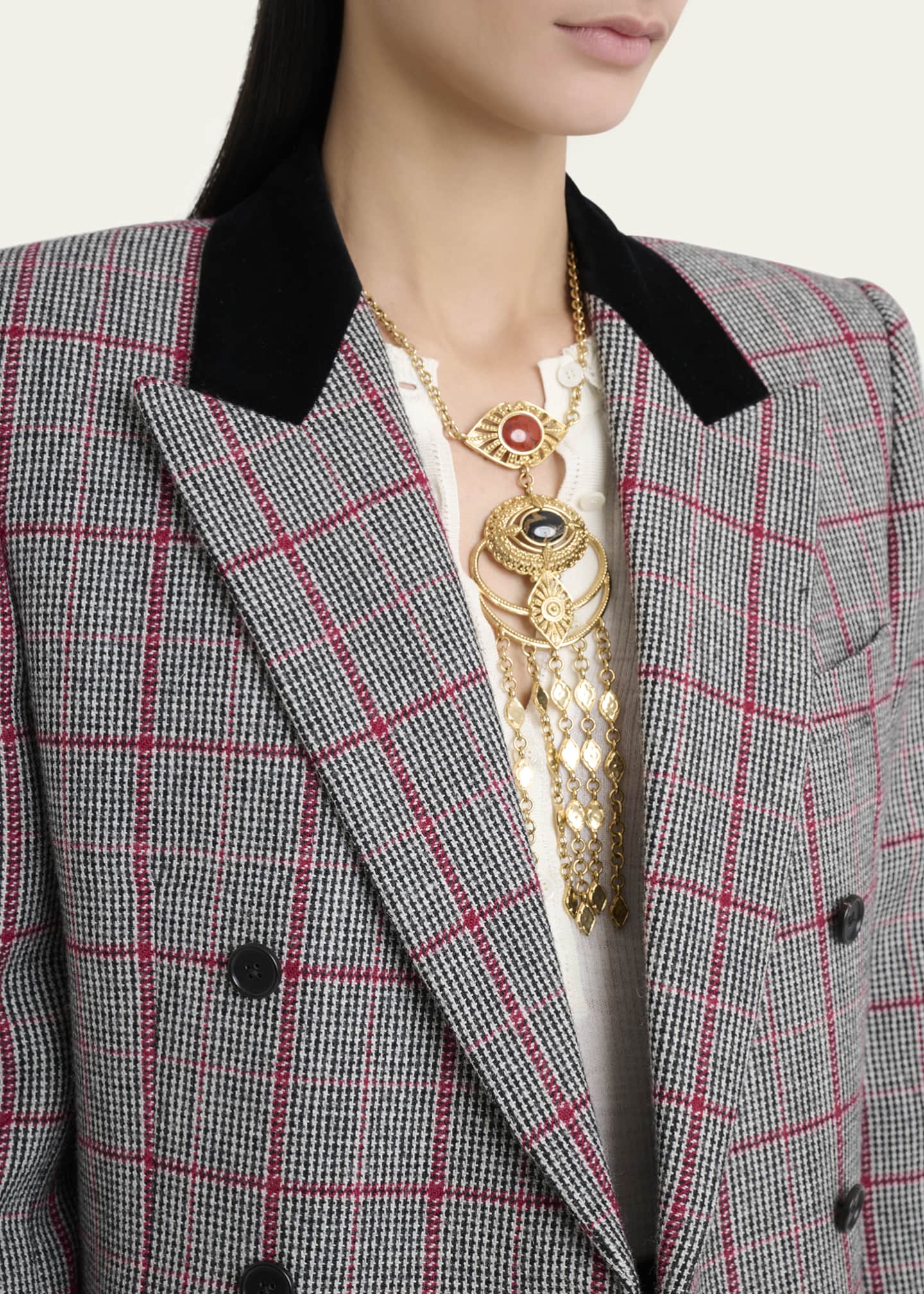 Chloe Check Wool Velvet-Trim Double-Breasted Jacket Image 5 of 5