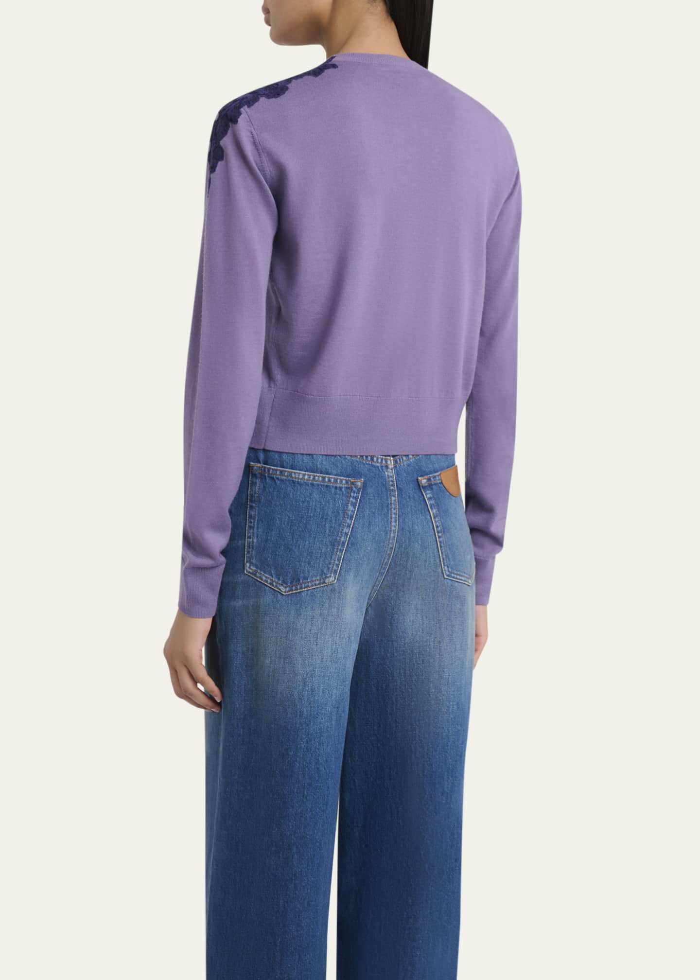 Chloe Guipure Lace-Trim Crewneck Knit Cardigan Image 3 of 5