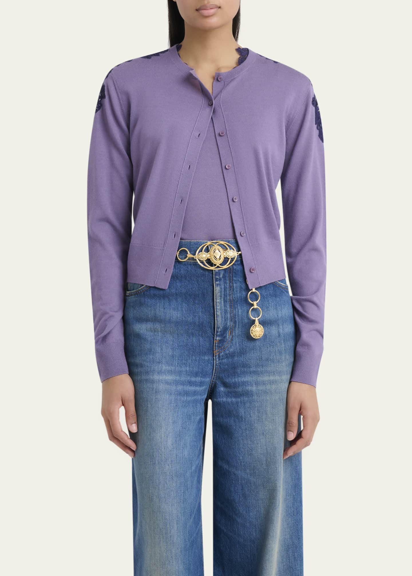 Chloe Guipure Lace-Trim Crewneck Knit Cardigan Image 4 of 5