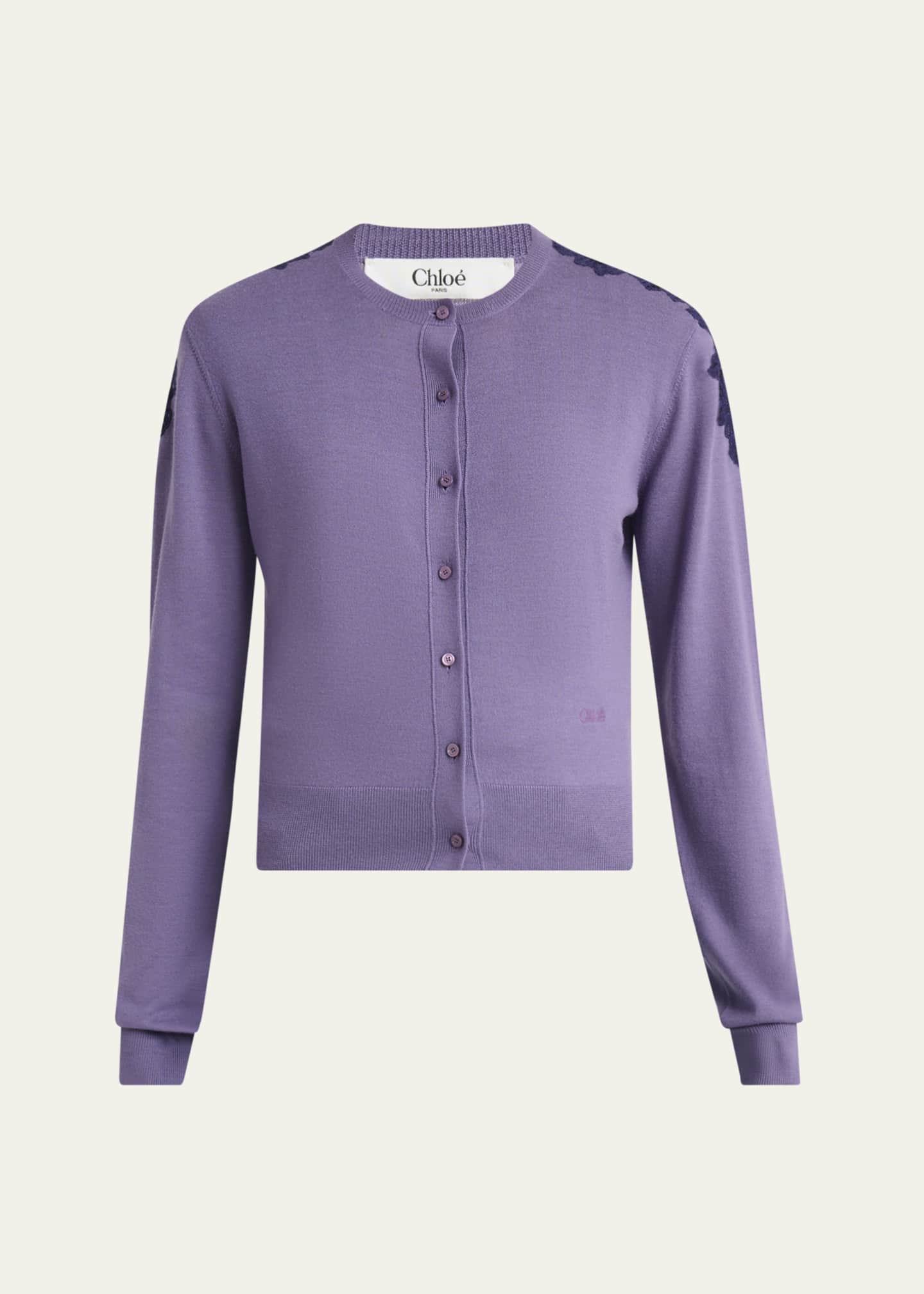 Chloe Guipure Lace-Trim Crewneck Knit Cardigan Image 1 of 5