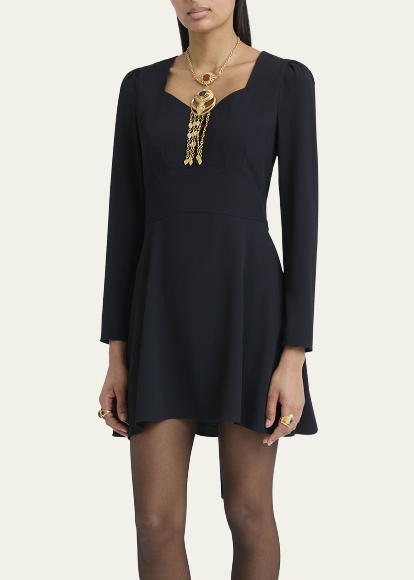 Chloe Button-Front Long-Sleeve Mini Dress, Black, Women's, 8, Cocktail & Party Wedding Guest Dresses Long-Sleeve Dresses