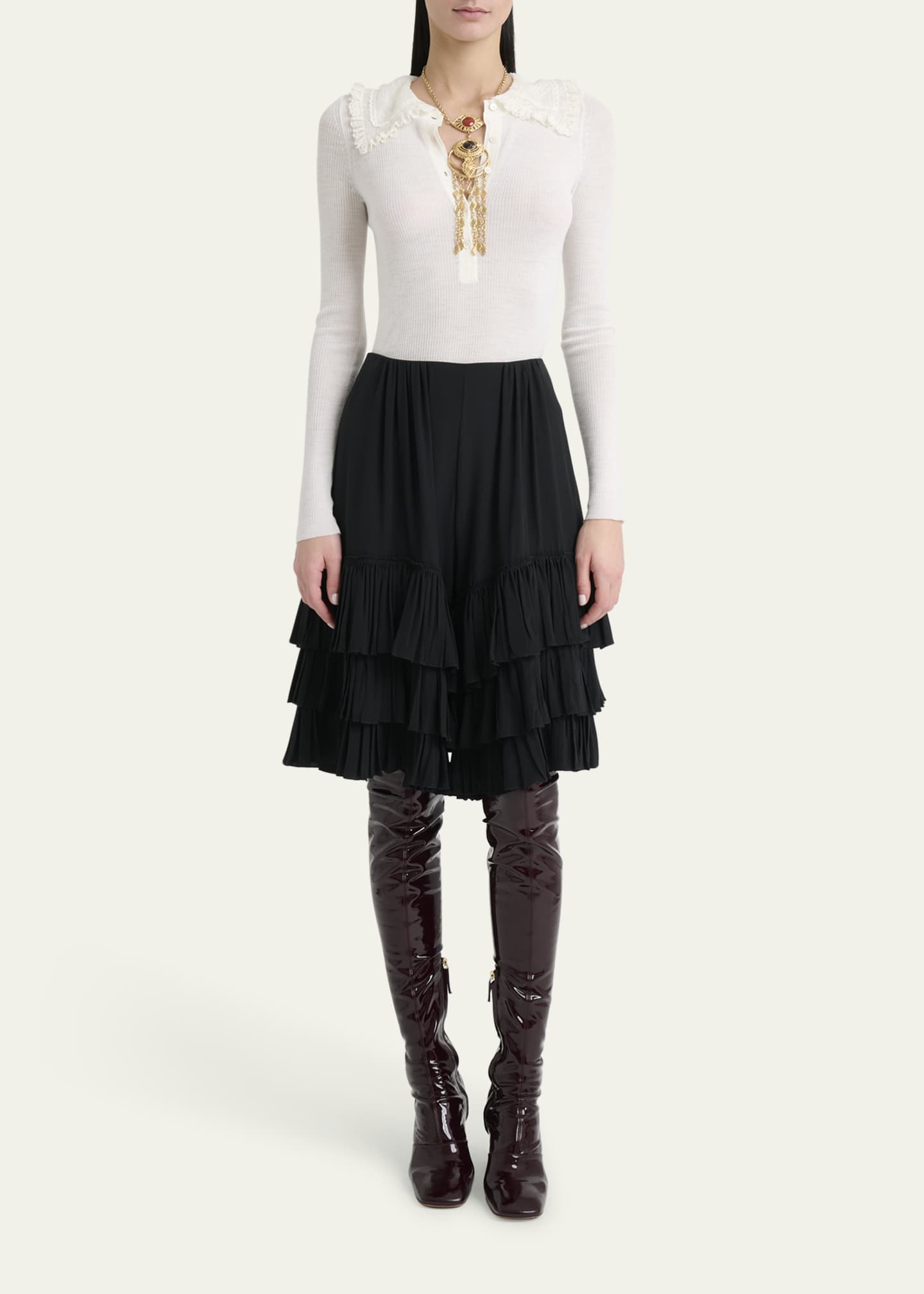 Chloe Lace-Collar Superfine Wool Rib Knit Top Image 2 of 5