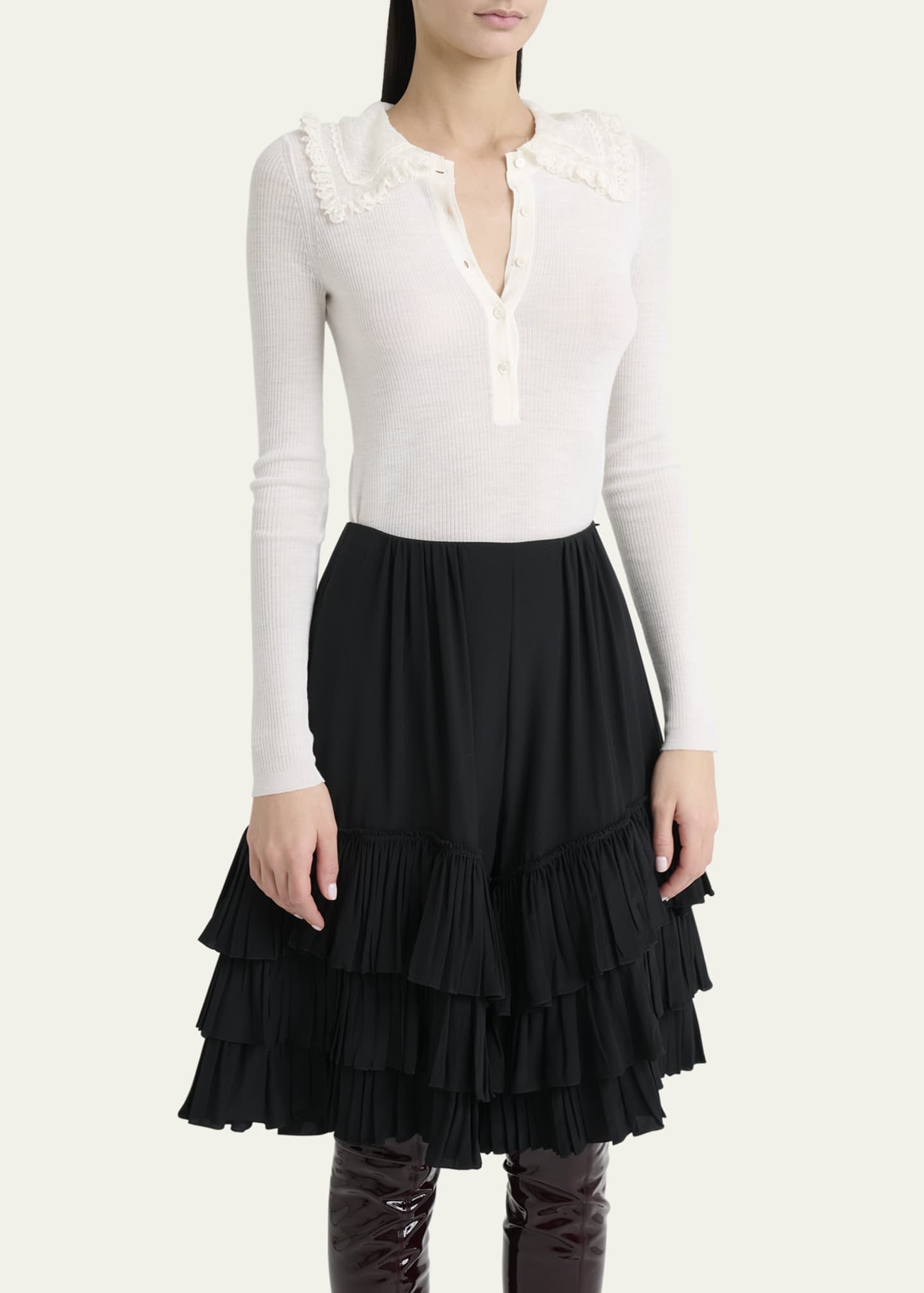 Chloe Lace-Collar Superfine Wool Rib Knit Top Image 4 of 5