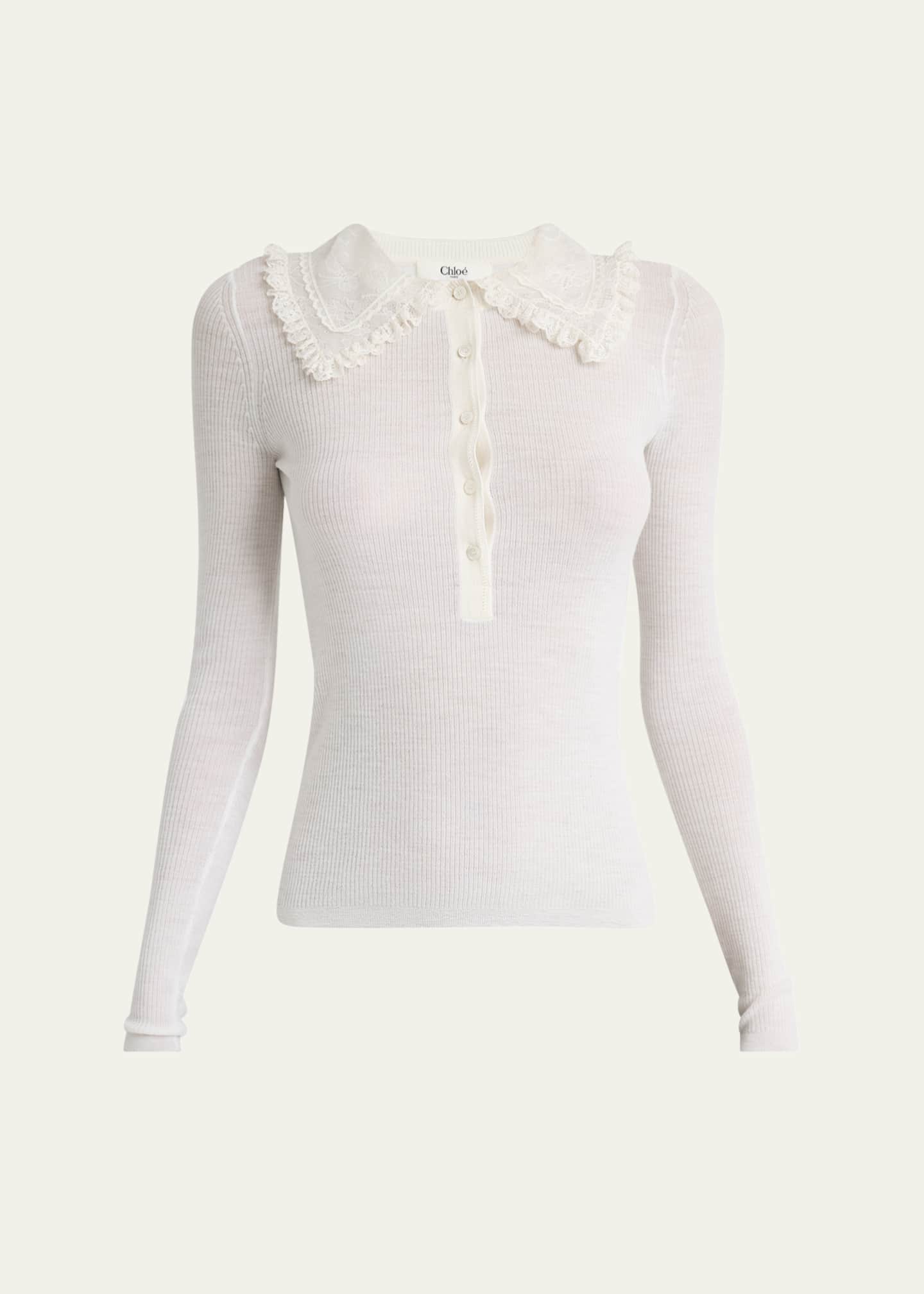 Chloe Lace-Collar Superfine Wool Rib Knit Top Image 1 of 5