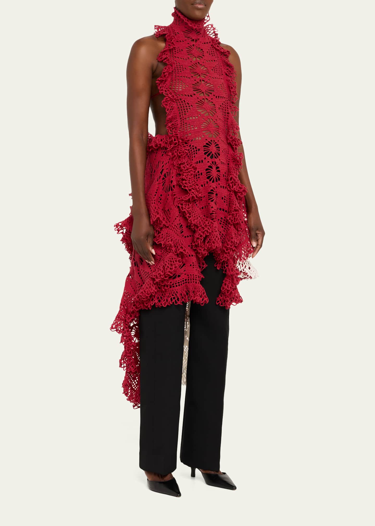 Diotima Spade Crochet Knit Ruffle Halter Backless Mini Dress, Red, Women's, 2, Cocktail & Party Wedding Guest Dresses Halter Neck Dresses