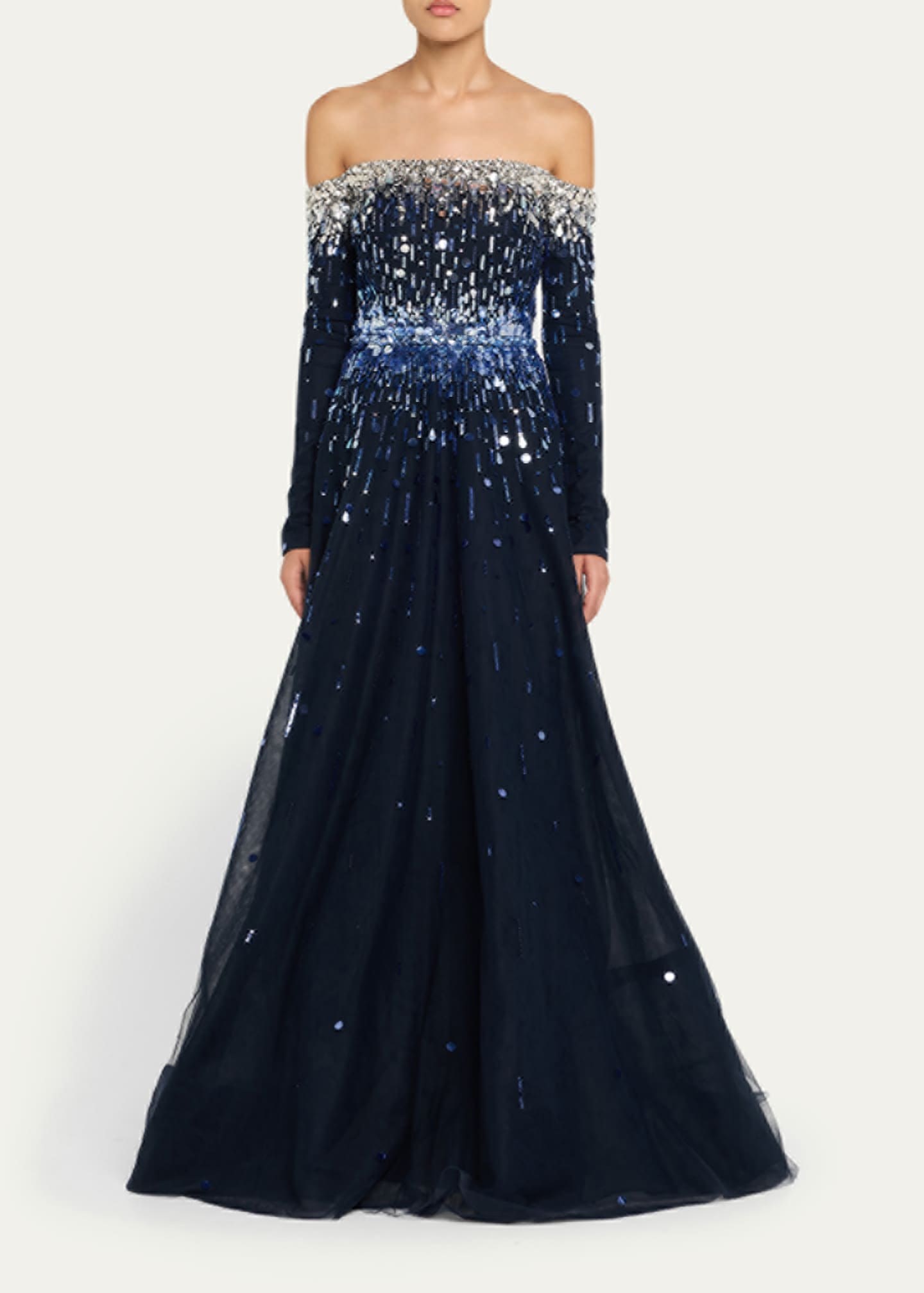Pamella Roland Embroidered Tulle Off-The-Shoulder Long-Sleeve Gown Image 2 of 5