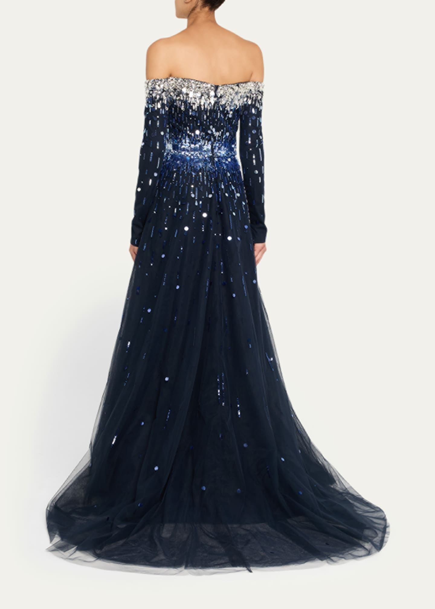 Pamella Roland Embroidered Tulle Off-The-Shoulder Long-Sleeve Gown Image 3 of 5