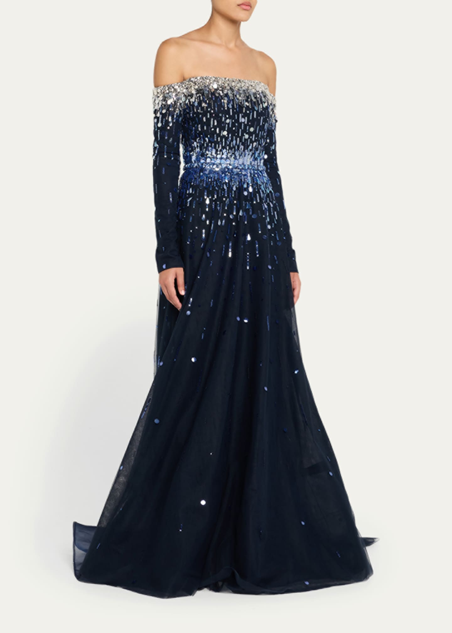 Pamella Roland Embroidered Tulle Off-The-Shoulder Long-Sleeve Gown Image 4 of 5