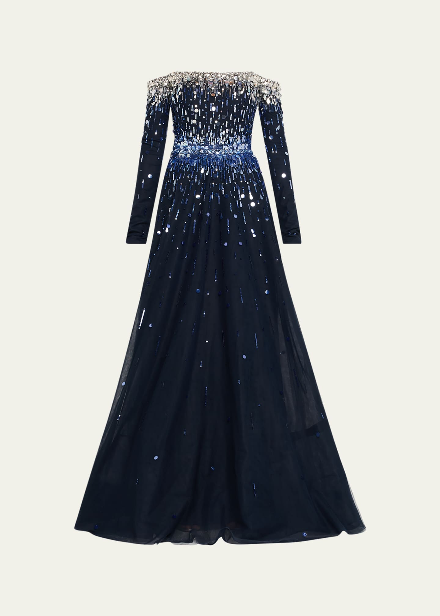Pamella Roland Embroidered Tulle Off-The-Shoulder Long-Sleeve Gown Image 1 of 5