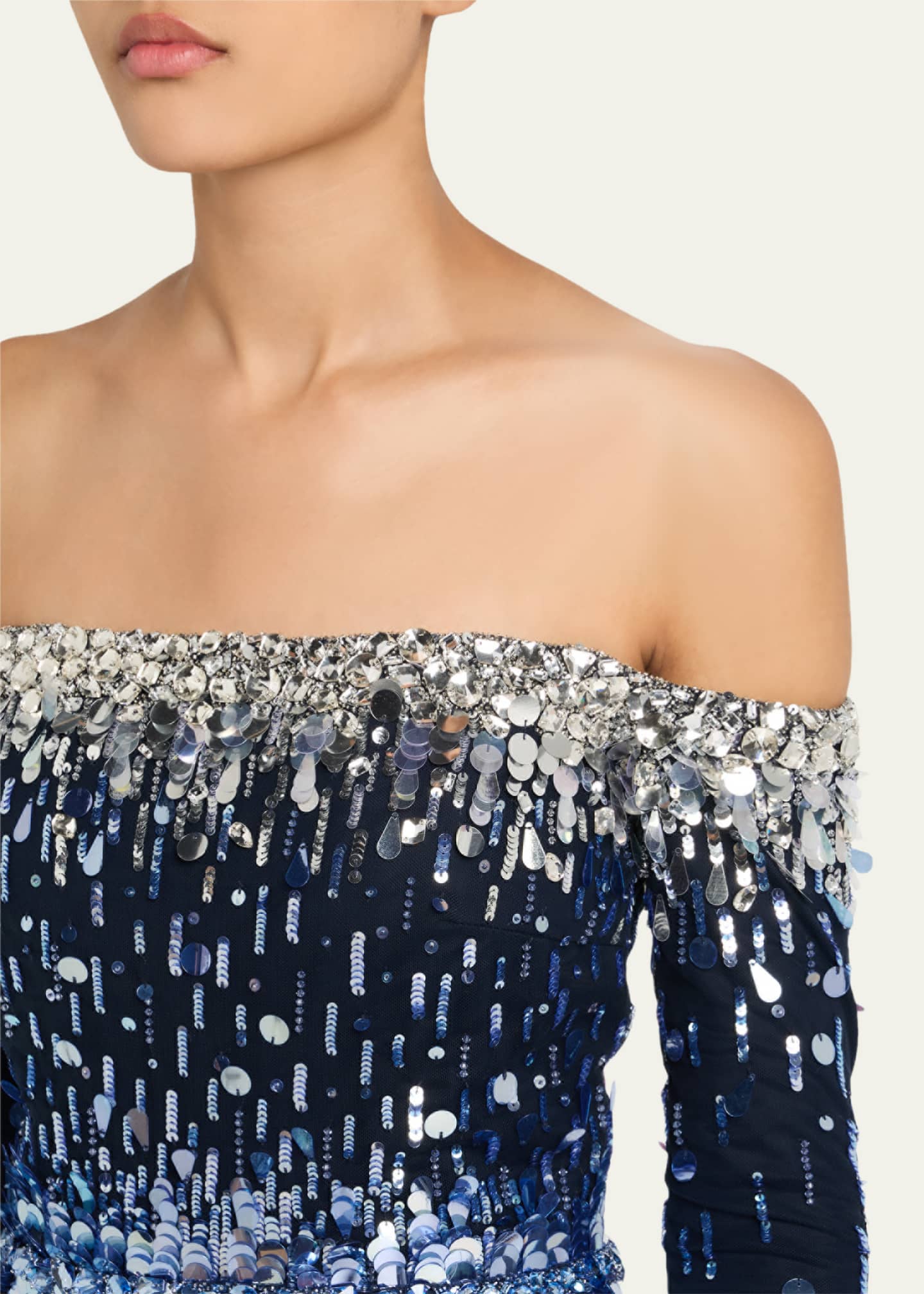 Pamella Roland Embroidered Tulle Off-The-Shoulder Long-Sleeve Gown Image 5 of 5
