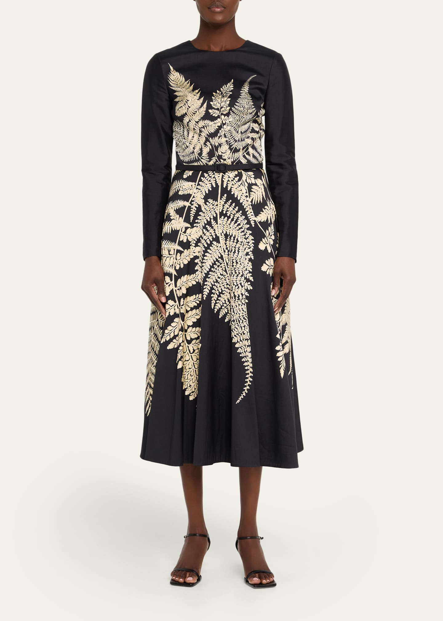 Fern-Print Long-Sleeve Midi Dress