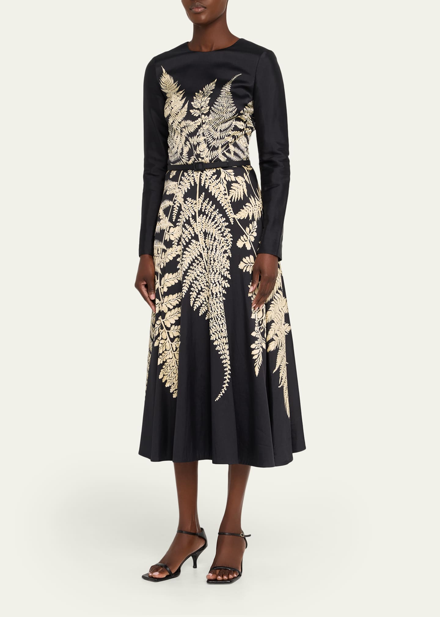 Fern-Print Long-Sleeve Midi Dress