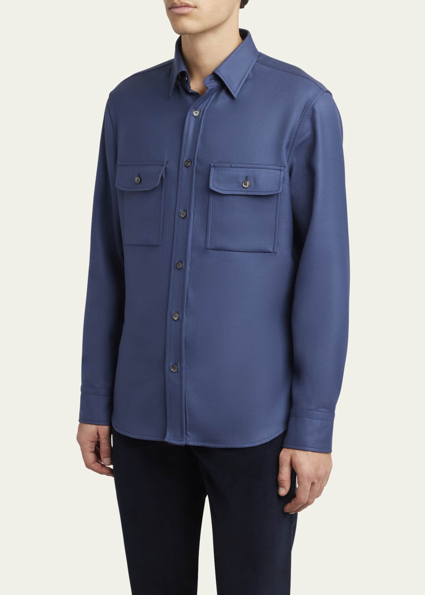 Brioni Men's Wool Twill Double-Pocket Military Shirt Image 4 of 5