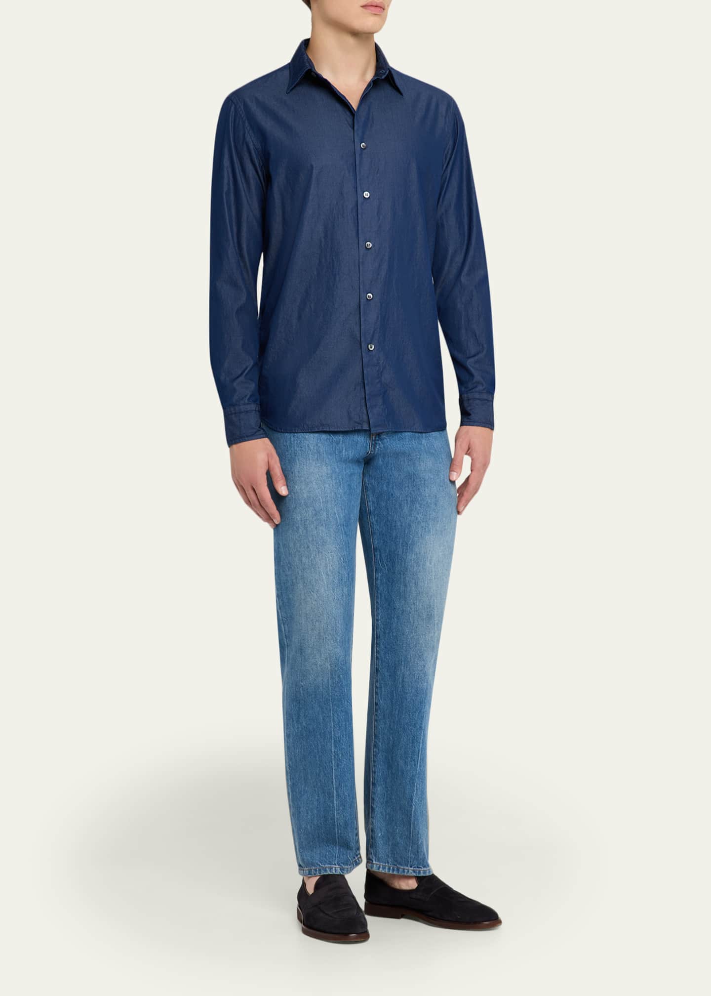 Brioni Men's Cotton Denim Casual Button-Down Shirt Image 2 of 5