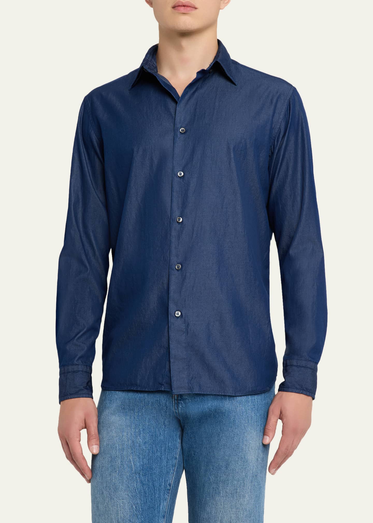 Brioni Men's Cotton Denim Casual Button-Down Shirt Image 4 of 5