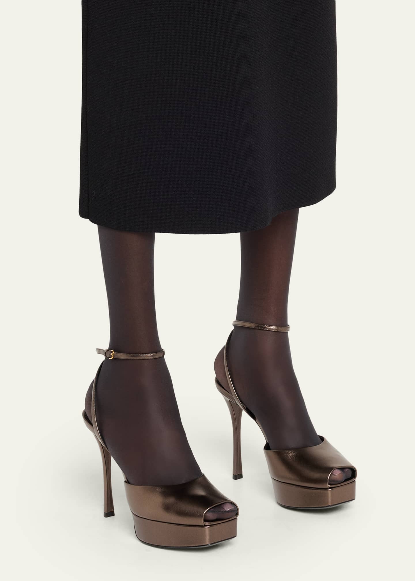 Saint Laurent La Scandale Metallic Leather Ankle-Strap Sandals Image 2 of 6