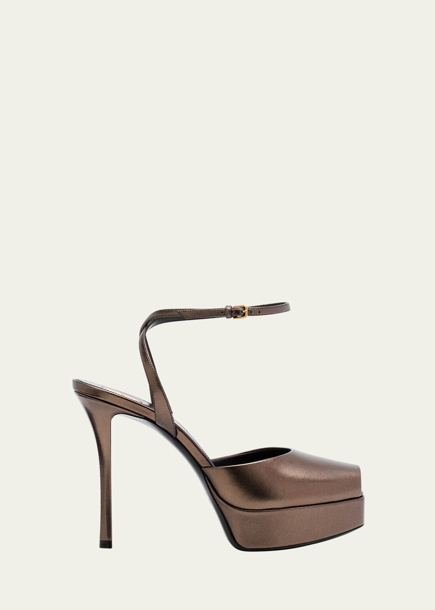 Saint Laurent La Scandale Metallic Leather Ankle-Strap Sandals Image 1 of 6