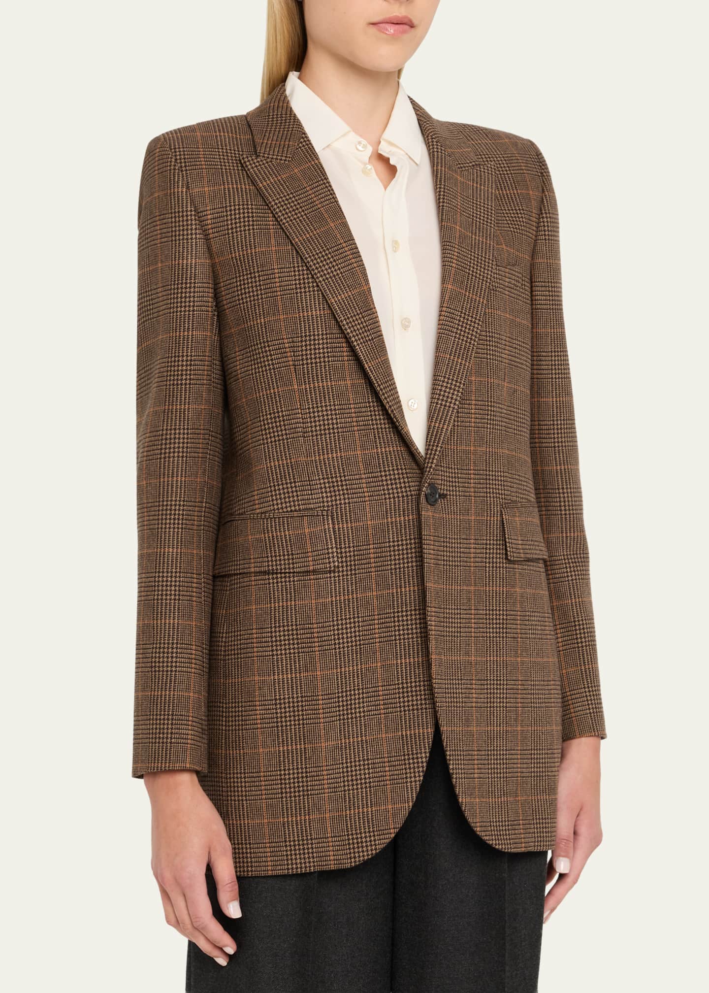 Saint Laurent Single-Breasted Slim Houndstooth Plaid Blazer