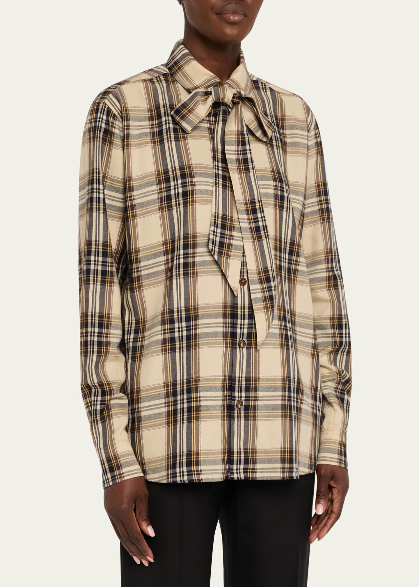 Saint Laurent Neck-Tie Plaid Button-Down Blouse Image 4 of 5