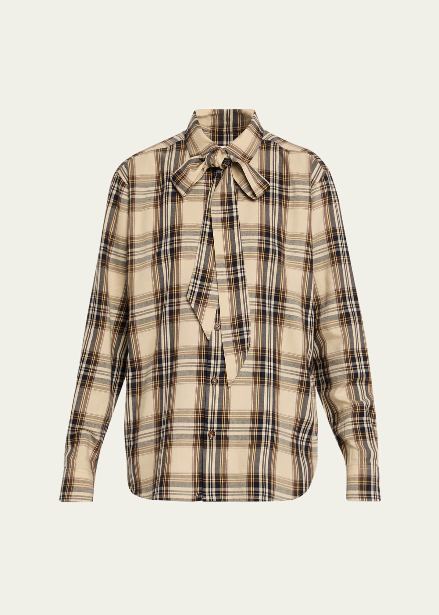 Saint Laurent Neck-Tie Plaid Button-Down Blouse Image 1 of 5