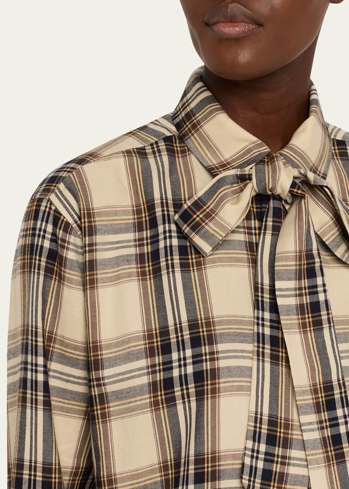 Saint Laurent Neck-Tie Plaid Button-Down Blouse Image 5 of 5