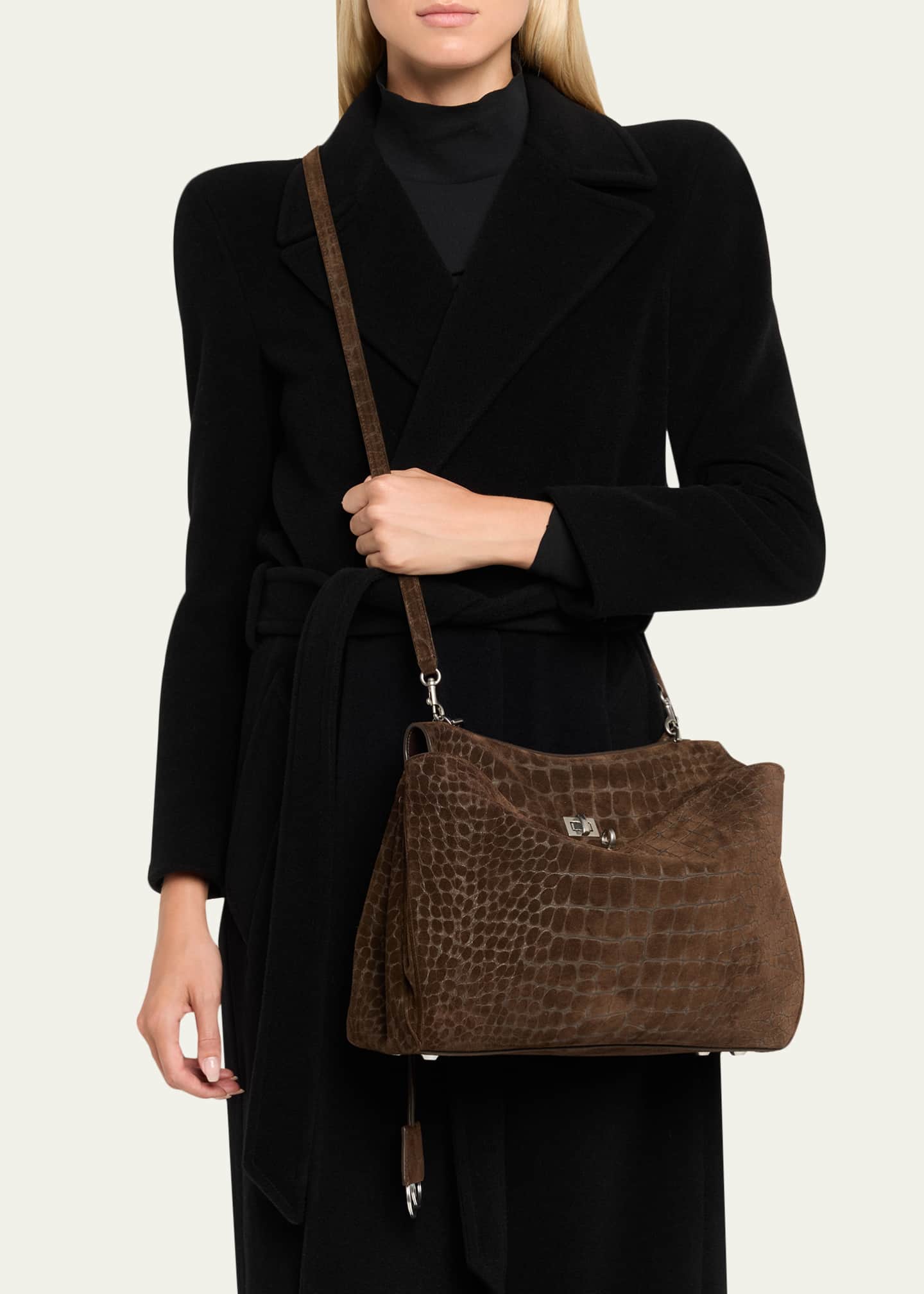 Rodeo Medium Croc-Embossed Suede Top-Handle Bag
