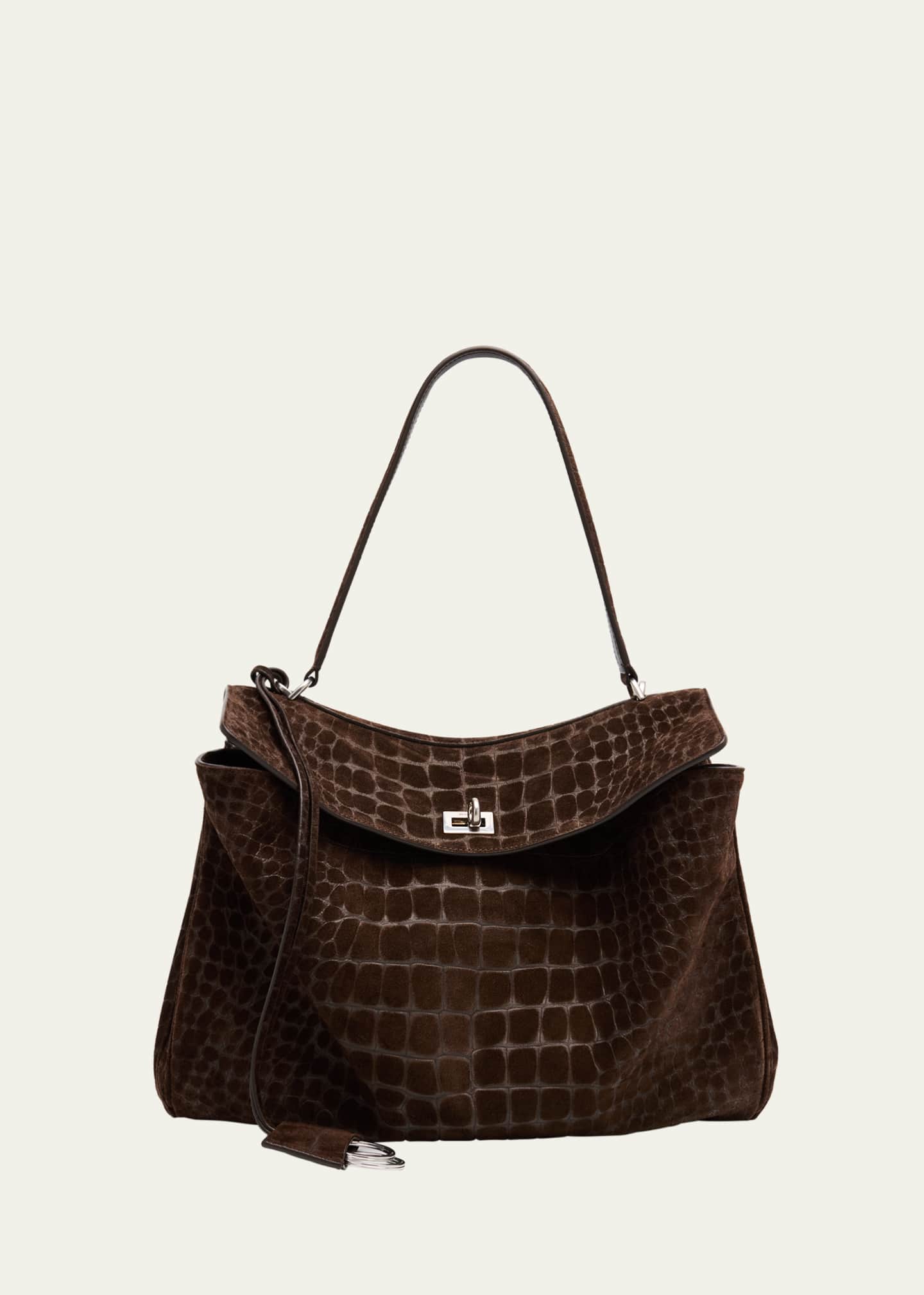 Balenciaga Rodeo Medium Croc-Embossed Suede Top-Handle Bag