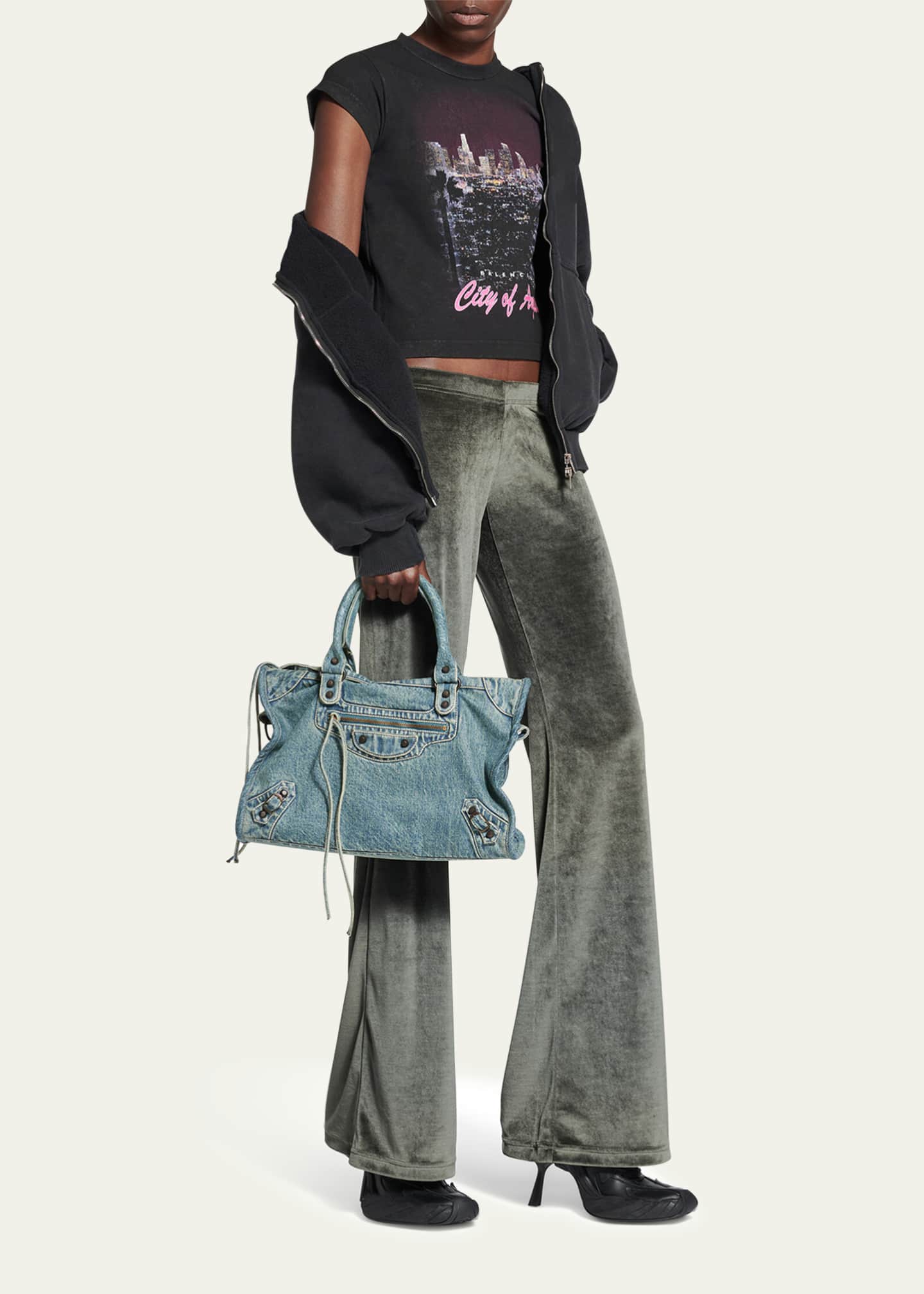 Balenciaga Le City Medium Washed Denim Shoulder Bag