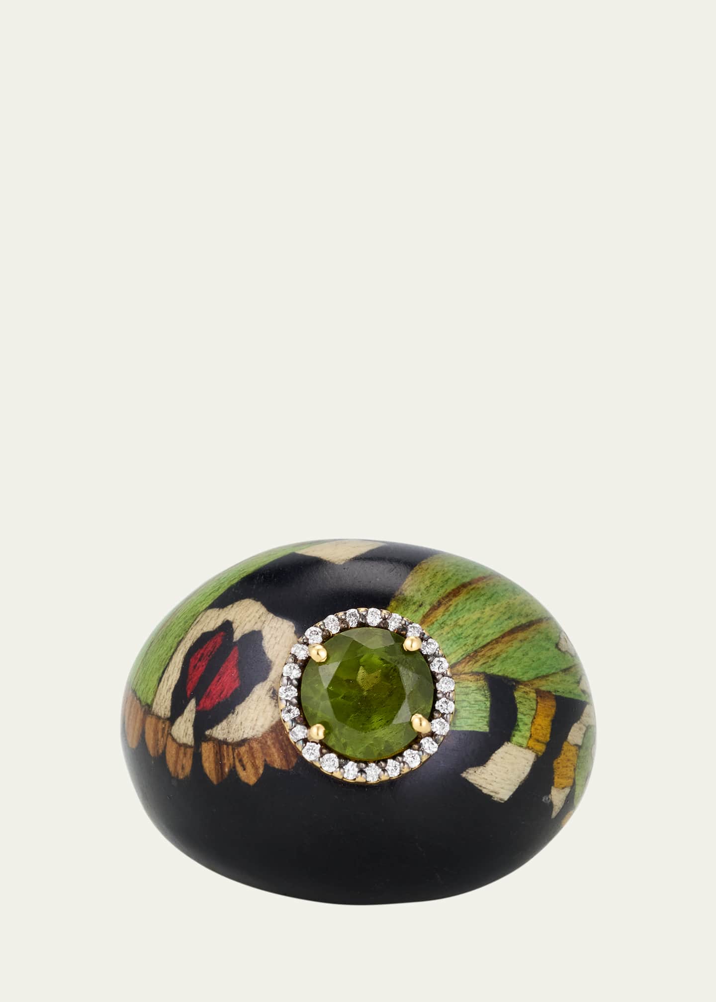 Silvia Furmanovich 18K Yellow Gold Marquetry Ring with Green Butterfly Pattern, Diamonds and Peridot