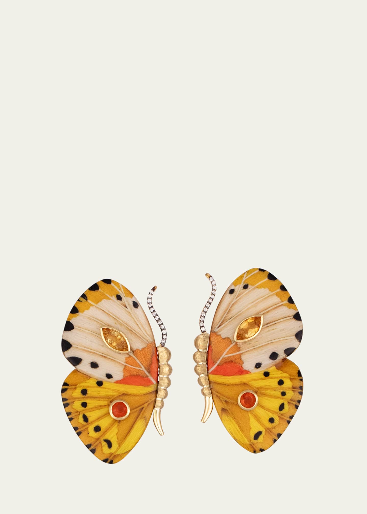 Silvia Furmanovich 18K Yellow Gold Butterfly Wing Earrings with Yellow Pattern, Diamonds, Citrine and Fire Opal