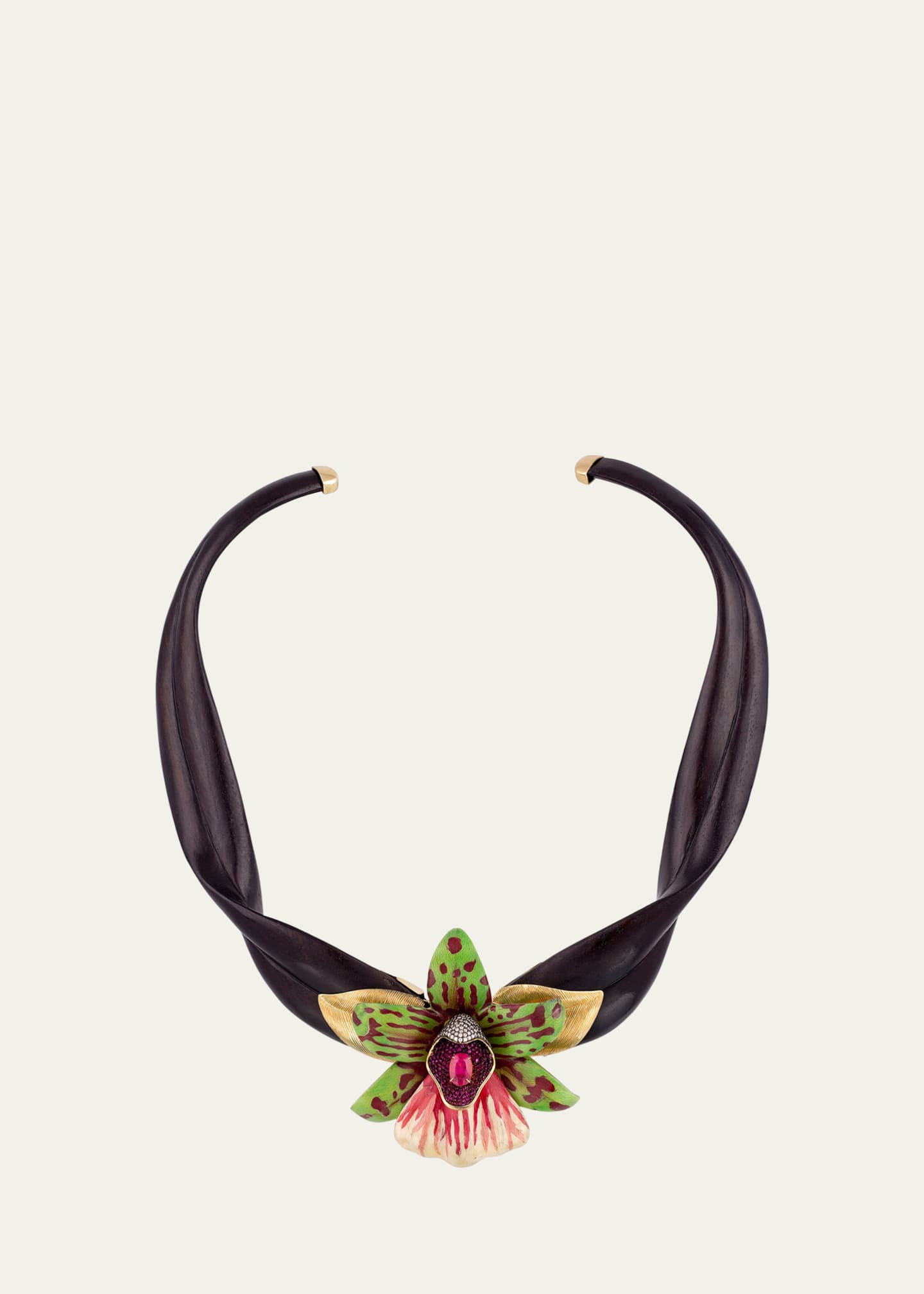 Silvia Furmanovich 18K Yellow Gold Orchid and Leaf Marquetry Choker with Pink Tourmaline, Rubies and Diamonds