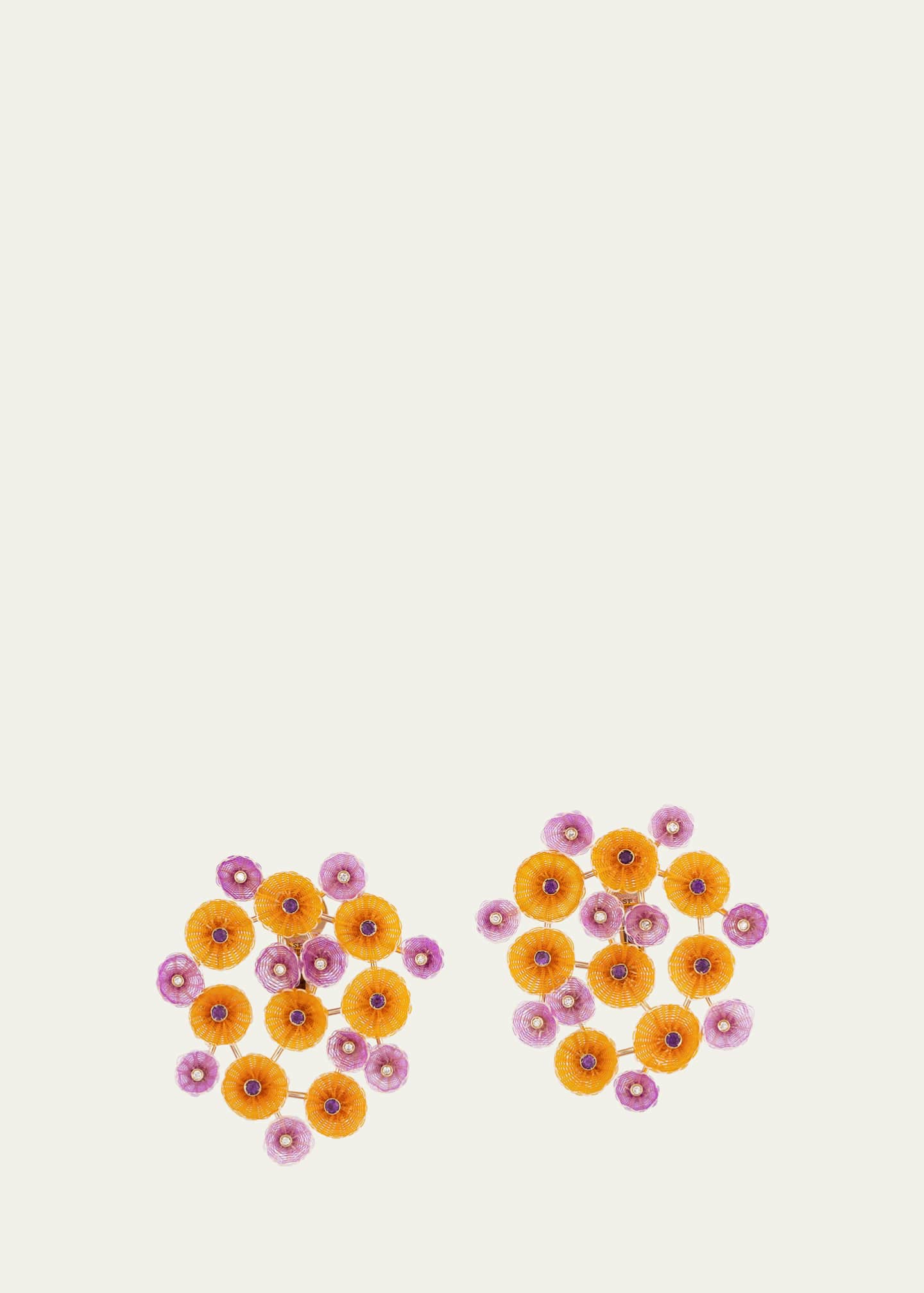 Silvia Furmanovich 18K Yellow Gold Orange and Violet Horsehair Flower Earrings with Diamonds and Amethyst