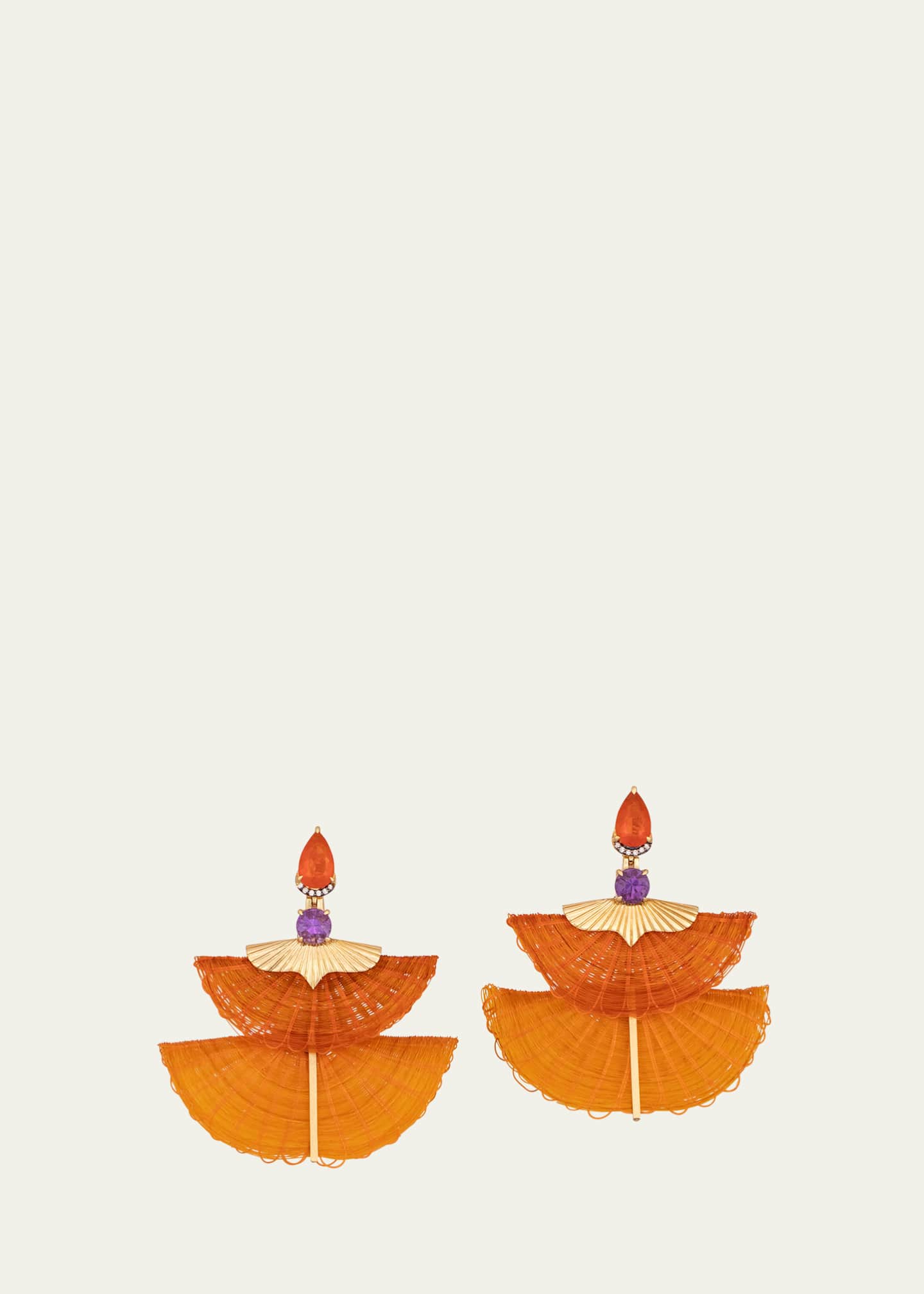 Silvia Furmanovich 18K Yellow Gold Orange Horsehair Fan Earrings with Diamonds, Fire Opal and Amethyst