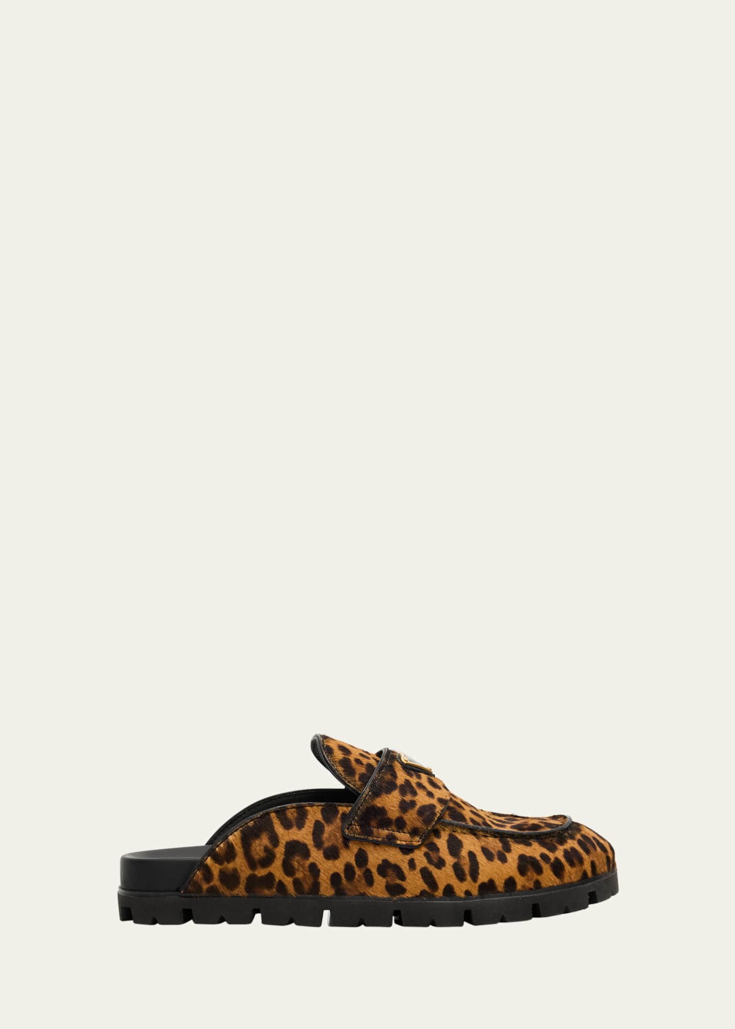 Prada Leopard Calf Hair Triangle Logo Mules - Bergdorf Goodman