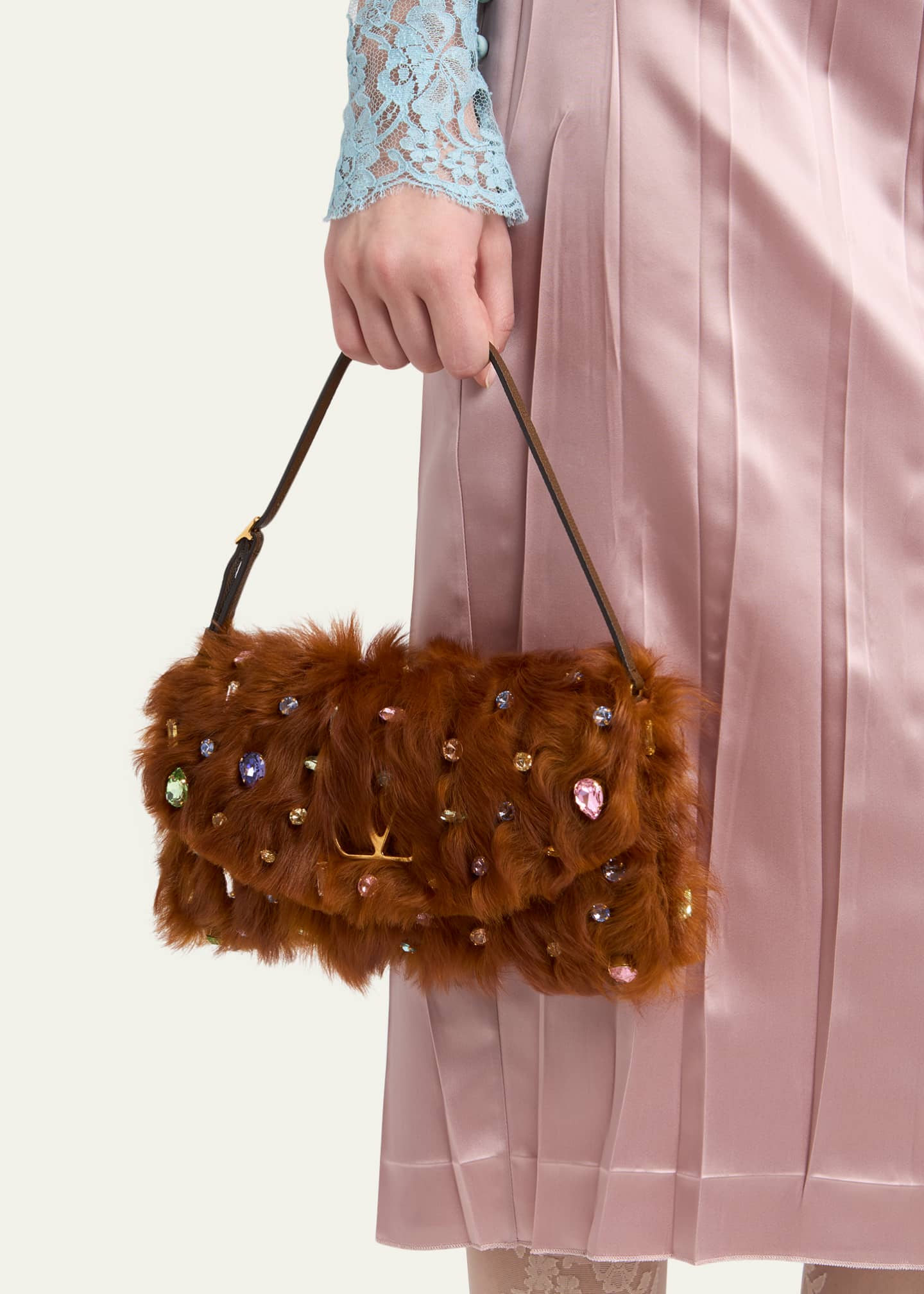 Valentino Garavani Vain Strass Fuzzy Shearling Shoulder Bag