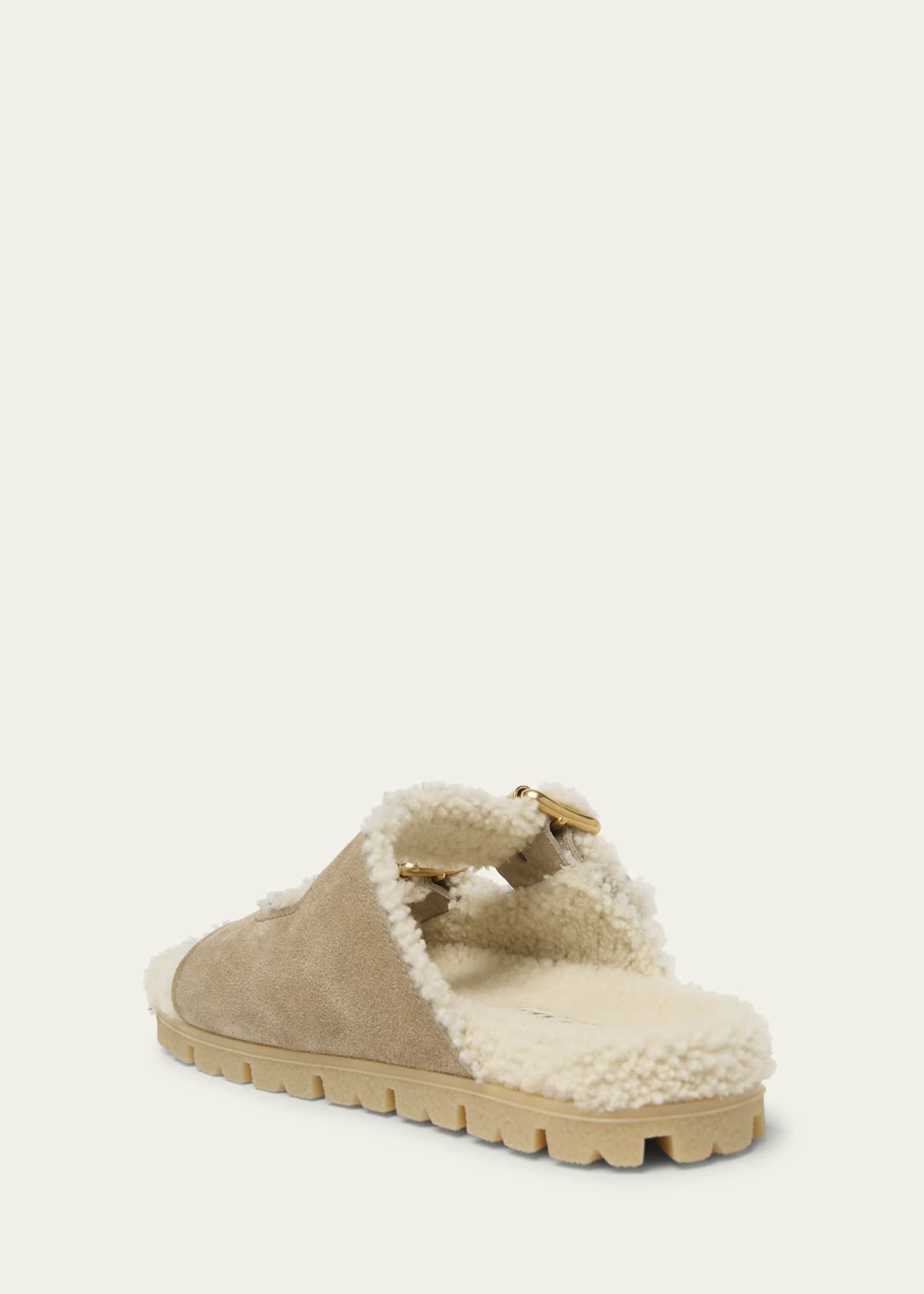 Prada Suede Shearling Lined Dual-Buckle Slide Sandals - Bergdorf