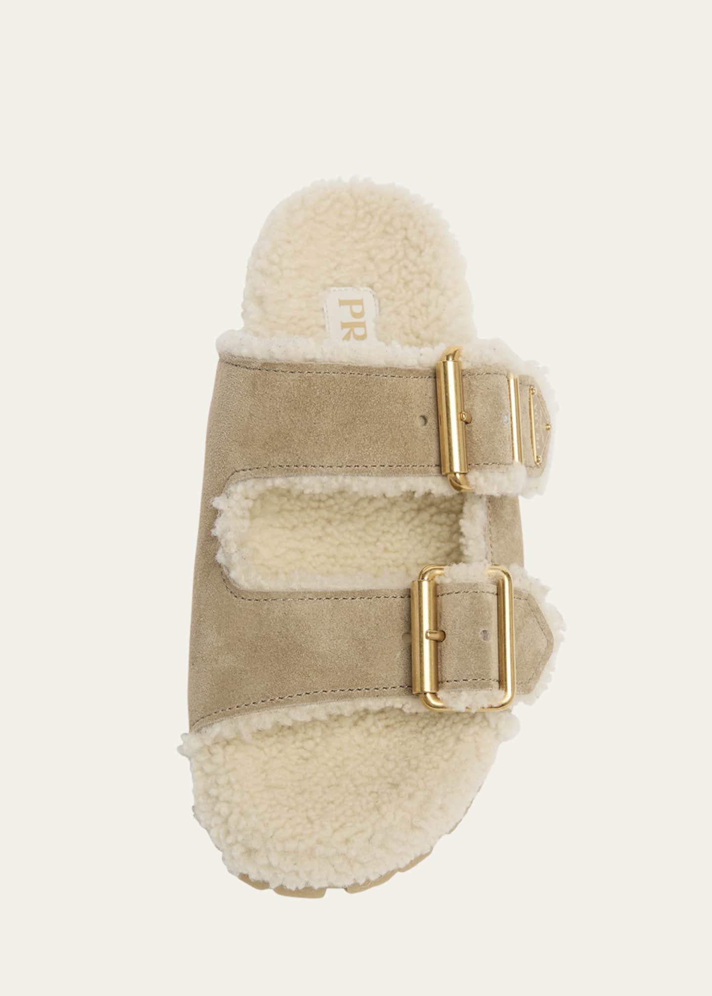 Prada Suede Shearling Lined Dual-Buckle Slide Sandals - Bergdorf