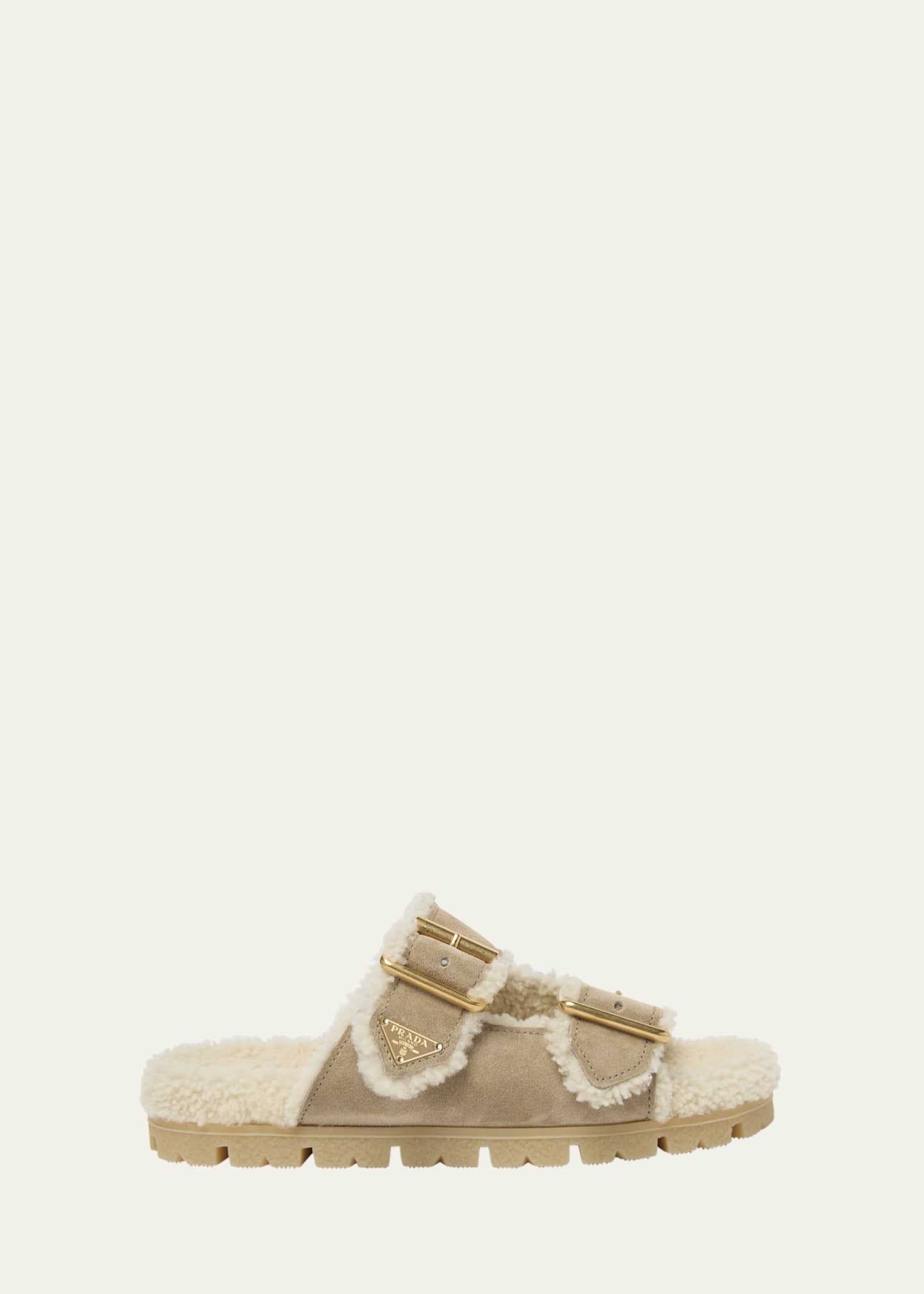 Prada Suede Shearling Lined Dual-Buckle Slide Sandals - Bergdorf