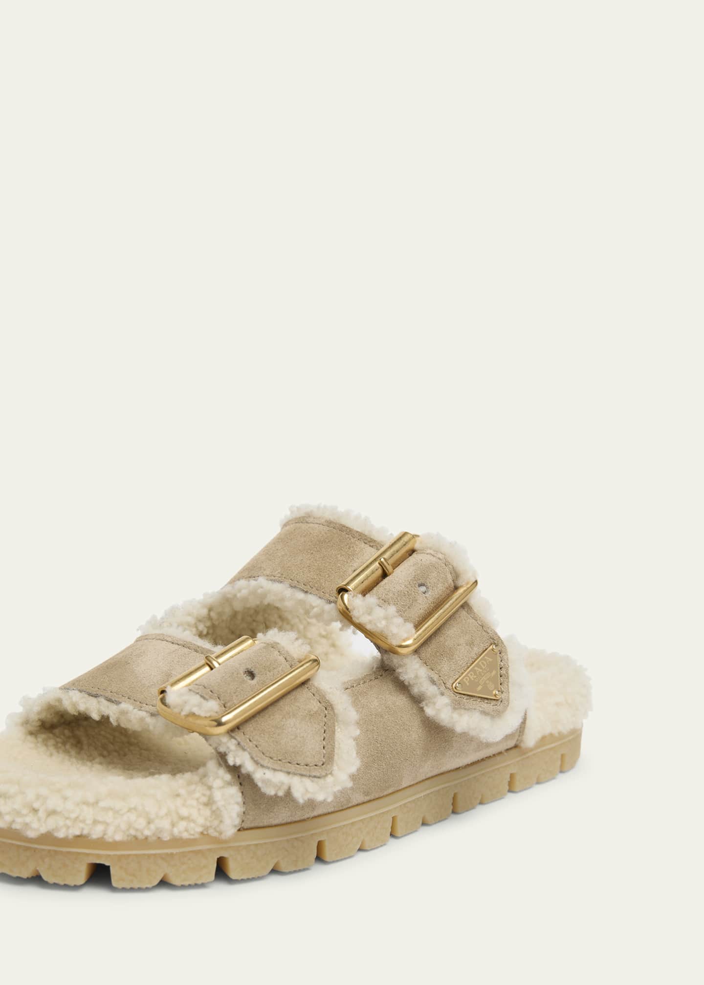 Prada Suede Shearling Lined Dual-Buckle Slide Sandals - Bergdorf