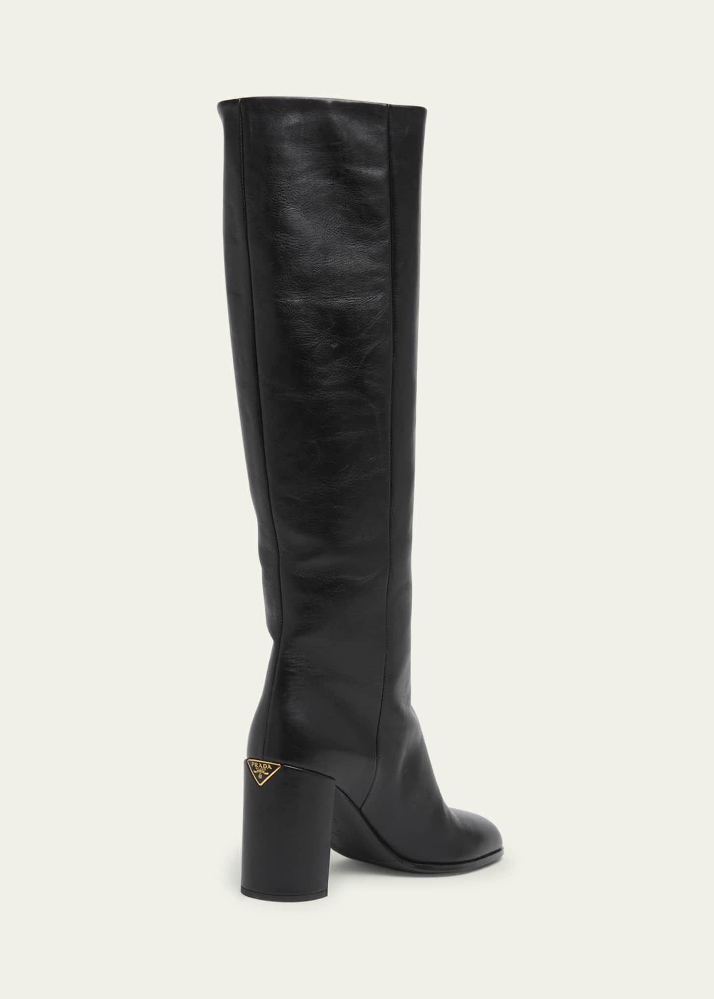 Prada Triangle Logo Leather Block-Heel Knee Boots Image 2 of 4