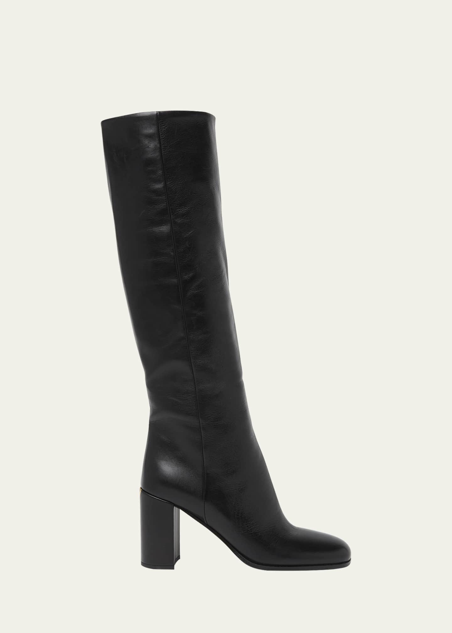 Prada Triangle Logo Leather Block-Heel Knee Boots Image 1 of 4