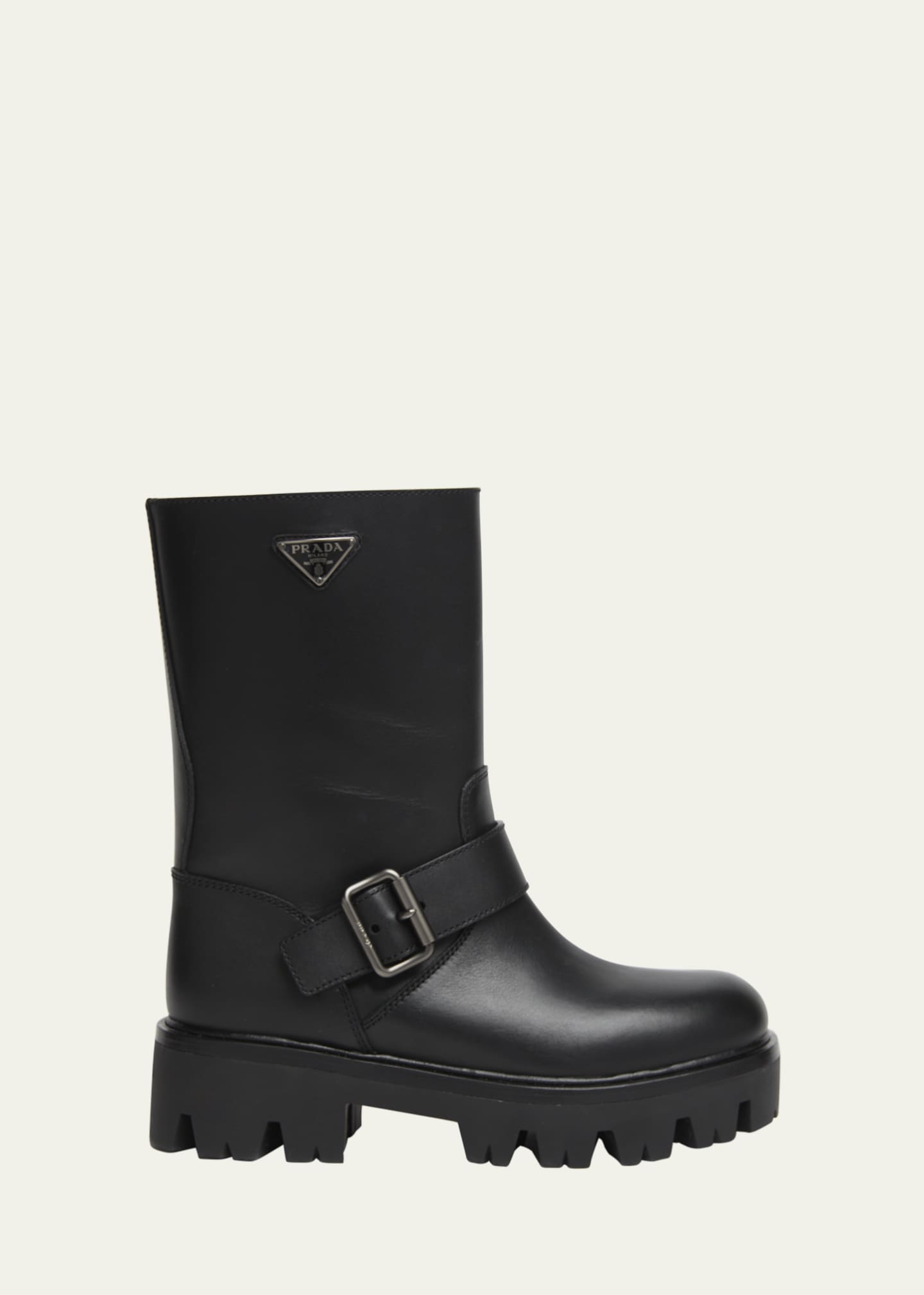 Prada Triangle Logo Leather Moto Booties Image 1 of 4