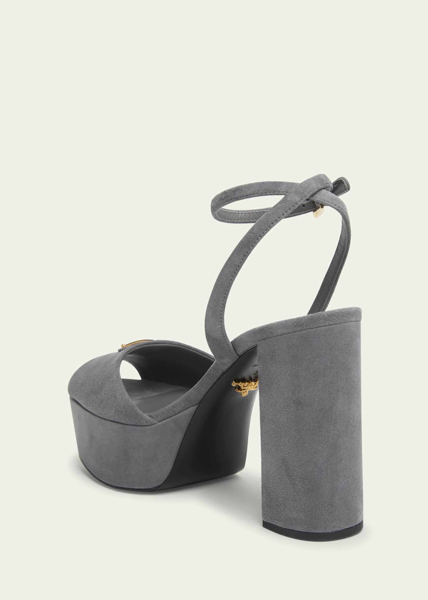 Prada Triangle Logo Suede Ankle-Strap Platform Sandals Image 2 of 4