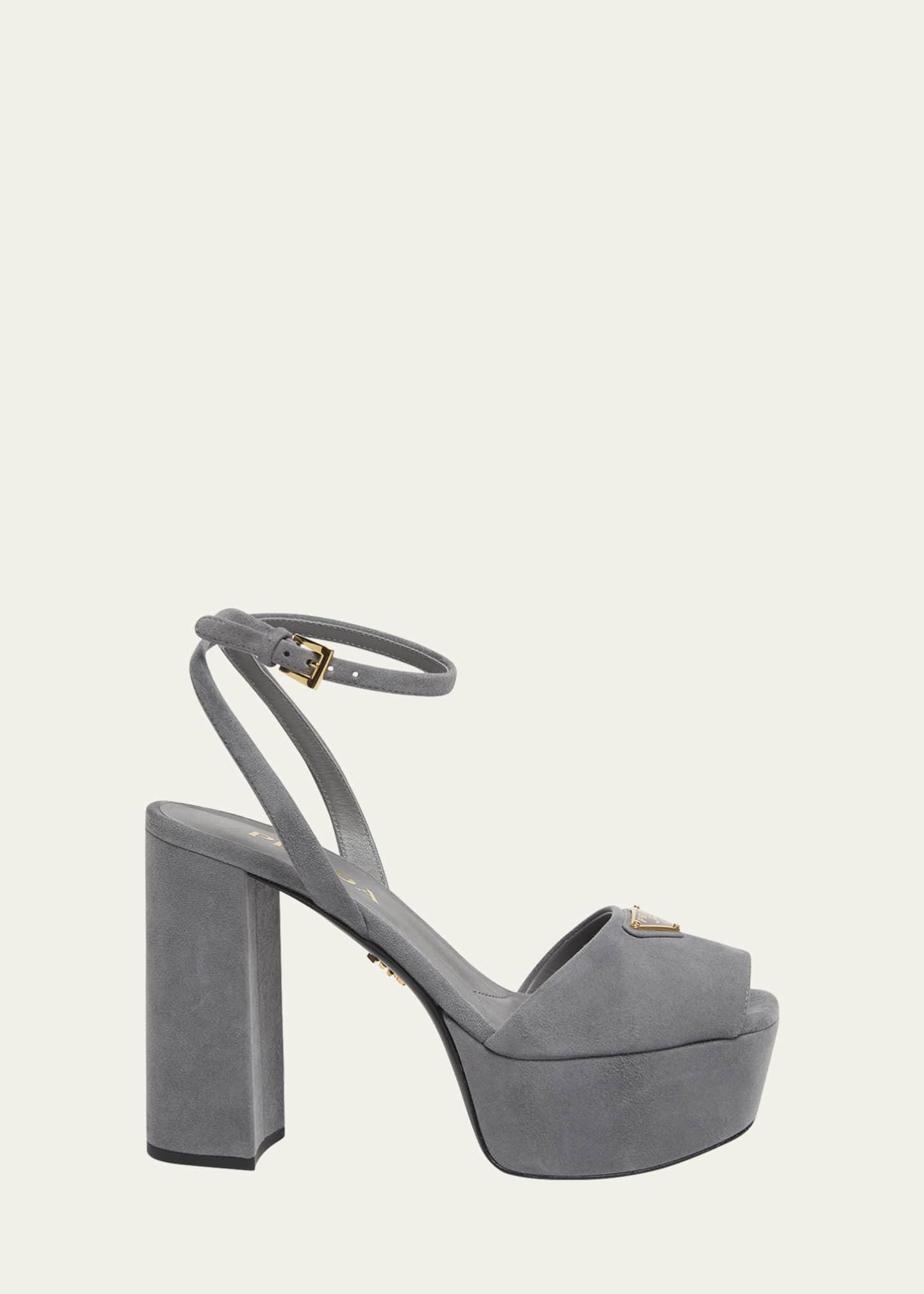 Prada Triangle Logo Suede Ankle-Strap Platform Sandals Image 1 of 4