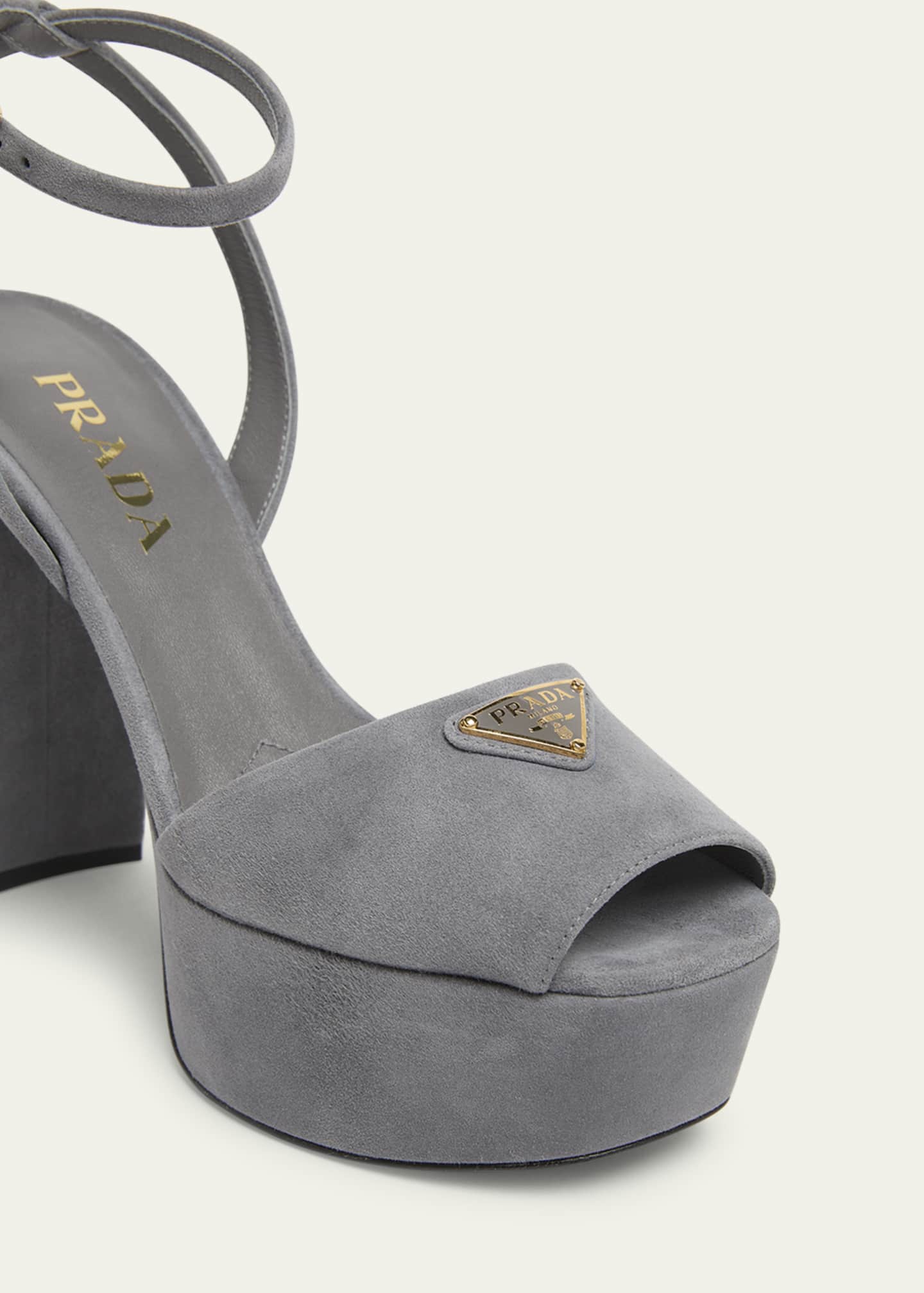 Prada Triangle Logo Suede Ankle-Strap Platform Sandals Image 3 of 4
