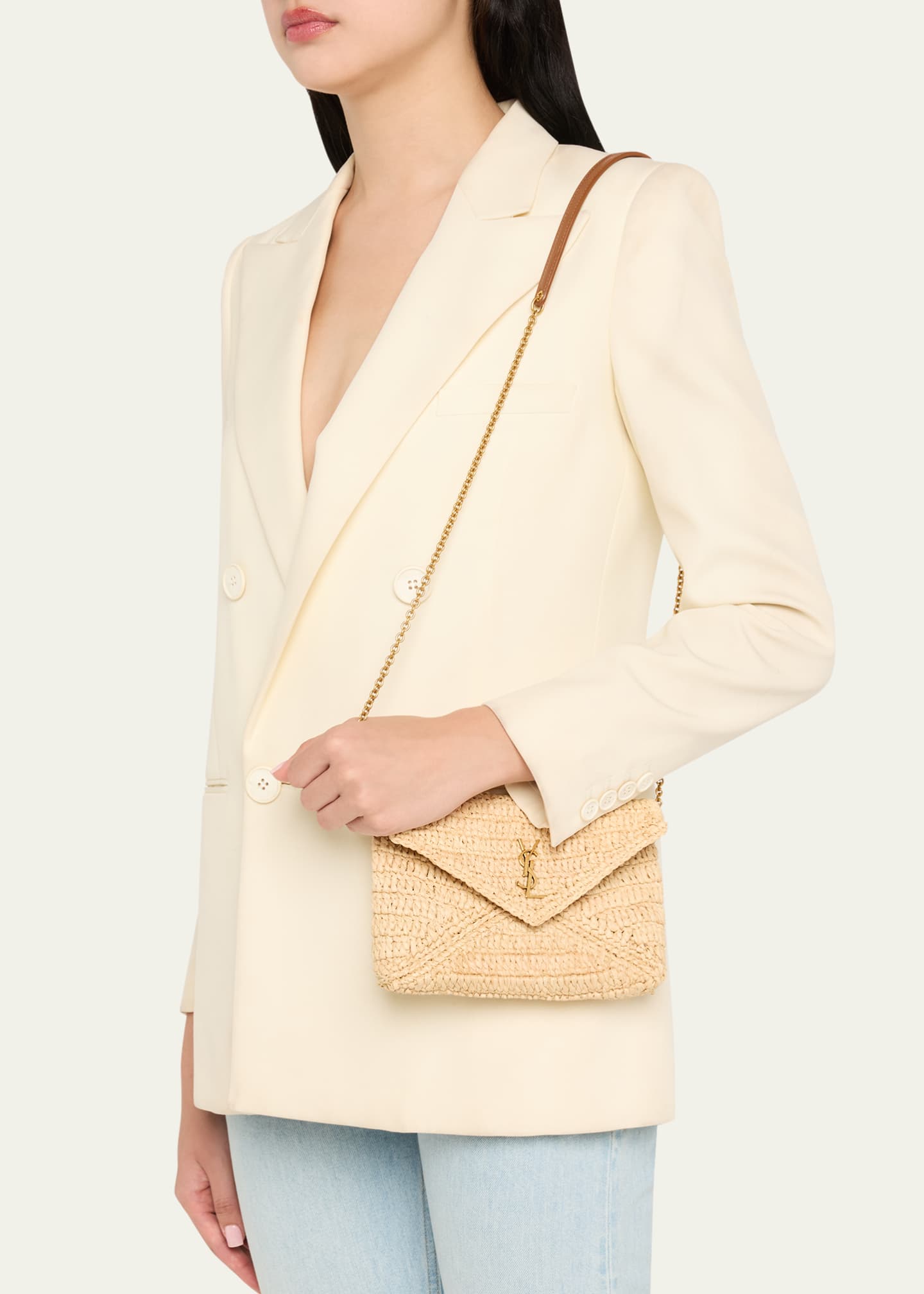 Envelope Flap YSL Pouch Bag in Raffia