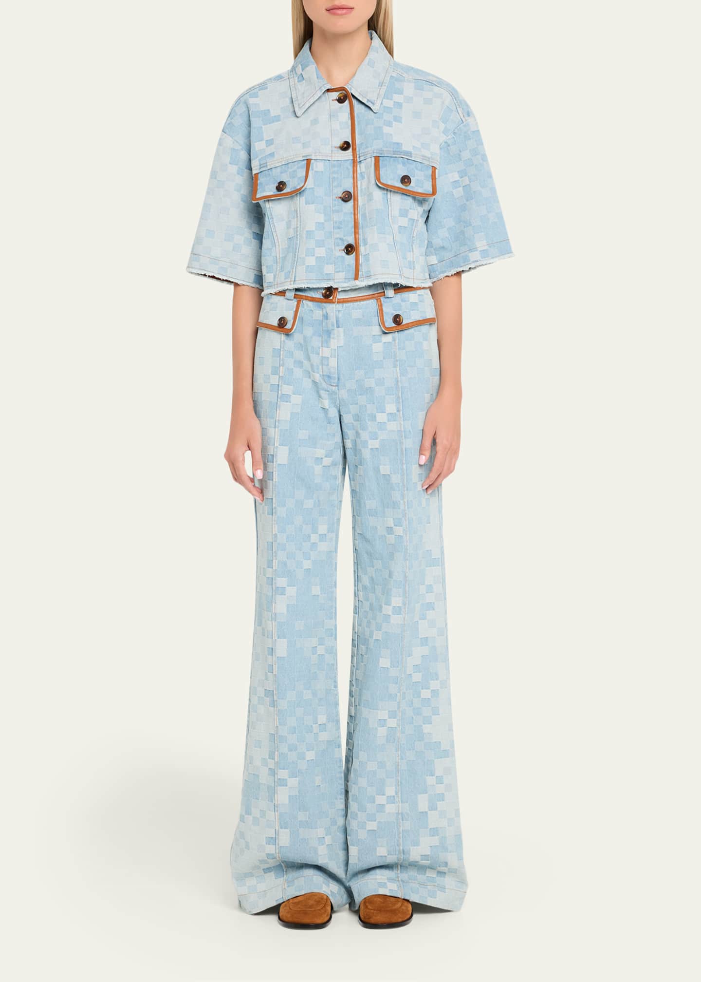 Ramy Brook Paula Checkered Denim Wide-Leg Pants - Bergdorf Goodman