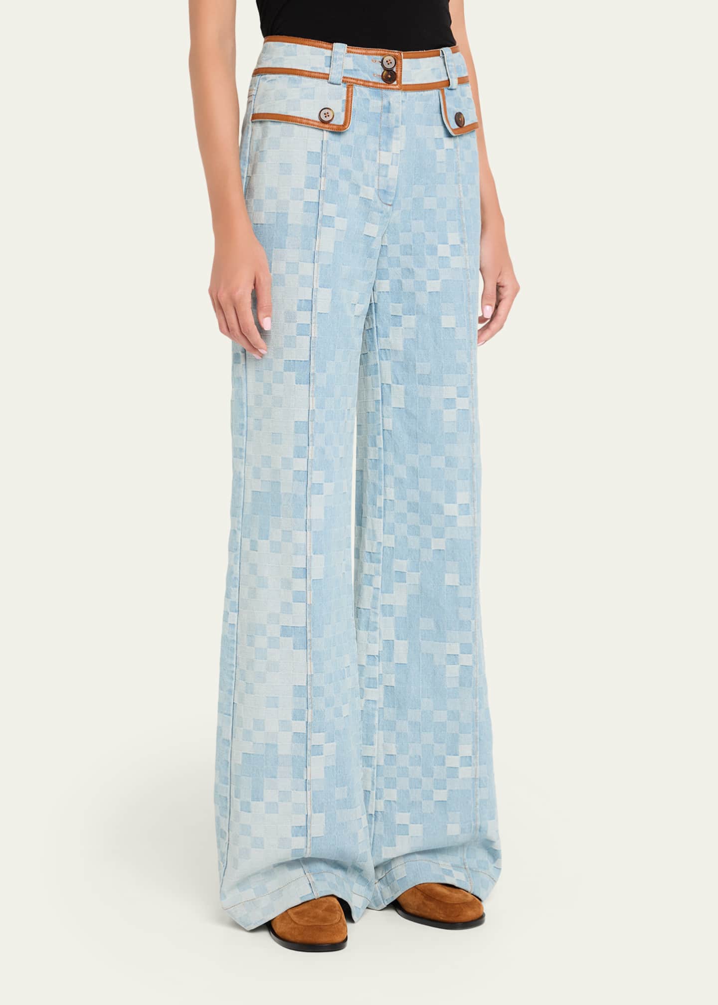 Ramy Brook Paula Checkered Denim Wide-Leg Pants - Bergdorf Goodman