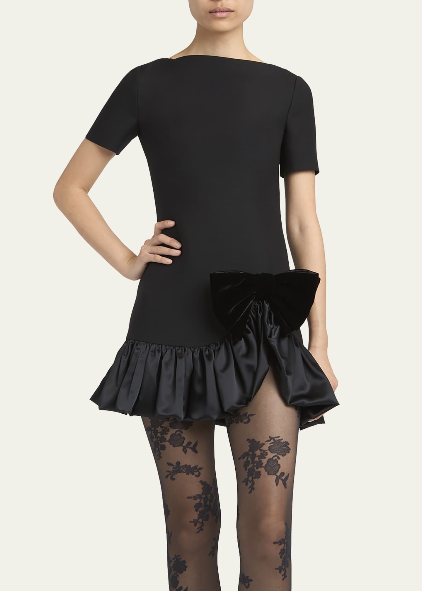 valentino dress short Velvet Bow Ruffle Short-Sleeve Mini Dress